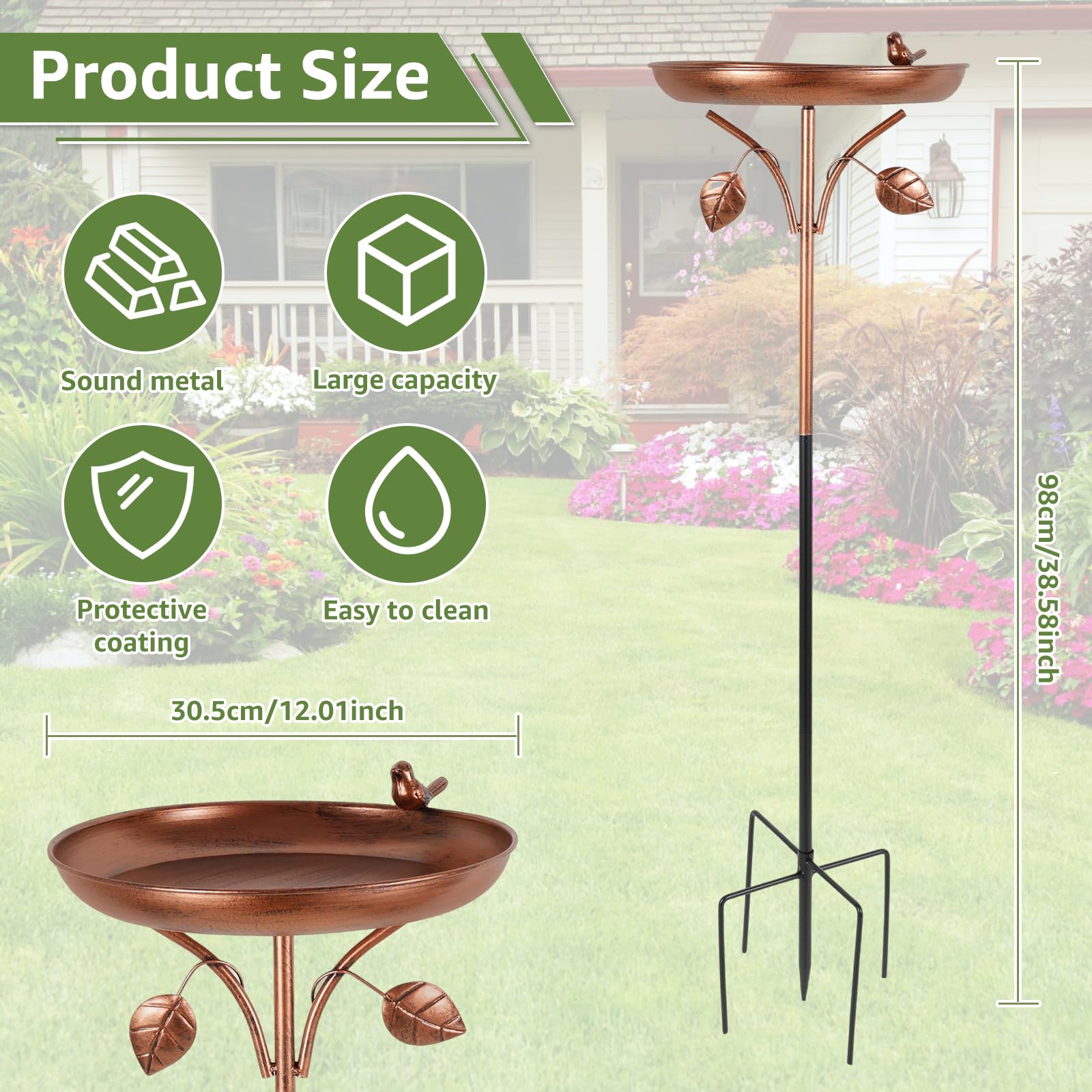 Bain d'oiseaux debout avec fontaine solaire pour extérieur, Φ 30 cm, vintage, en métal, ultra inoxydable, robuste, durable, vintage, résistant au gel, grand pour balcon, jardin