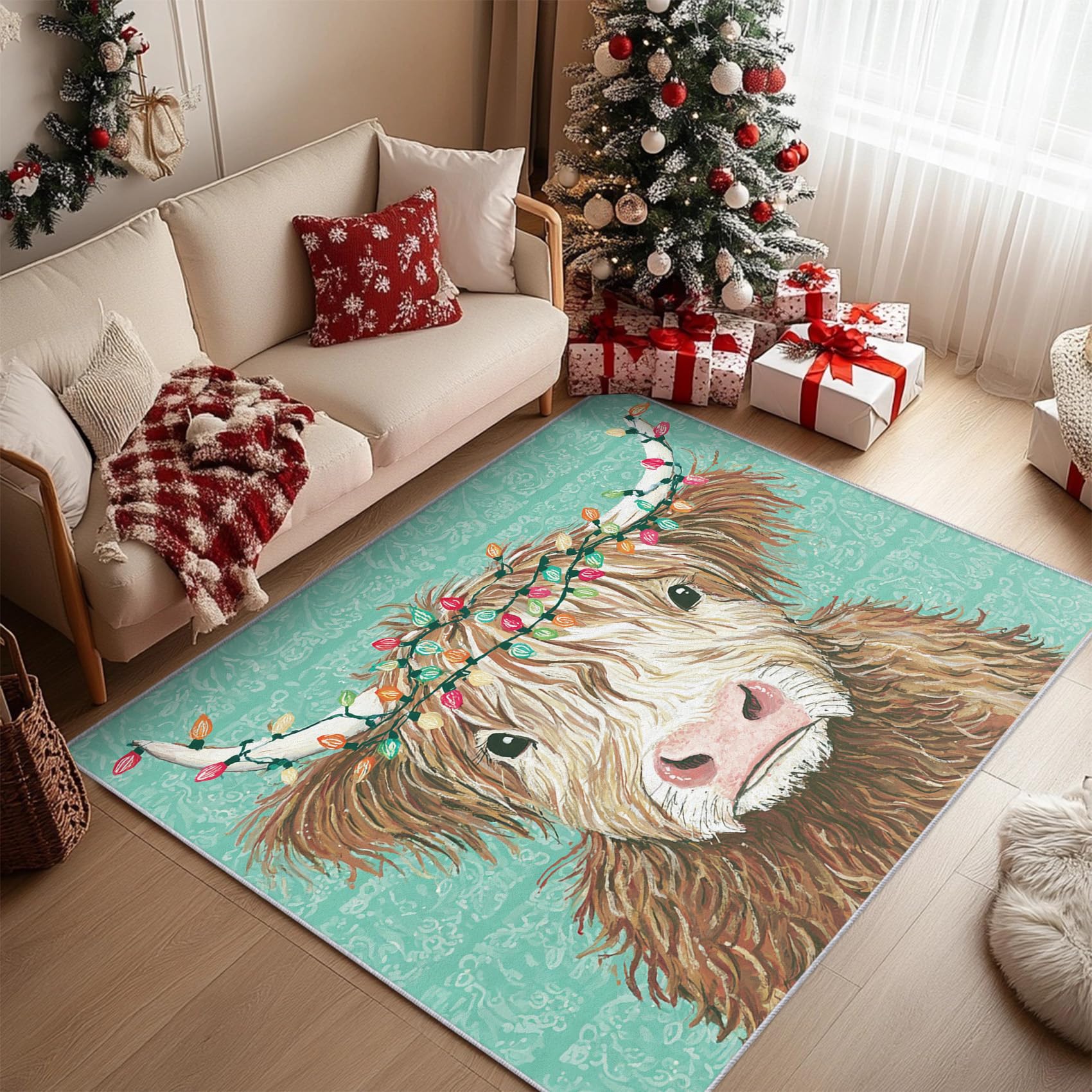 Tapis de salon lavable et antidérapant motif vache des Highlands de Noël 140x200