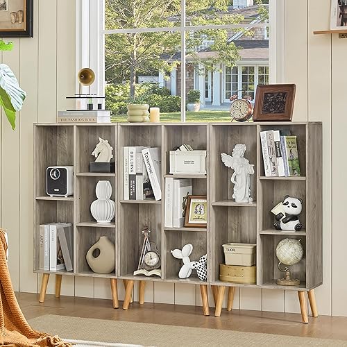 Miniatura 97 de LEYAOYAO Estantería de 10 cubos, estantería ancha moderna de 3 niveles con patas, estantería de madera de mediados de siglo, estuche grande rosa,