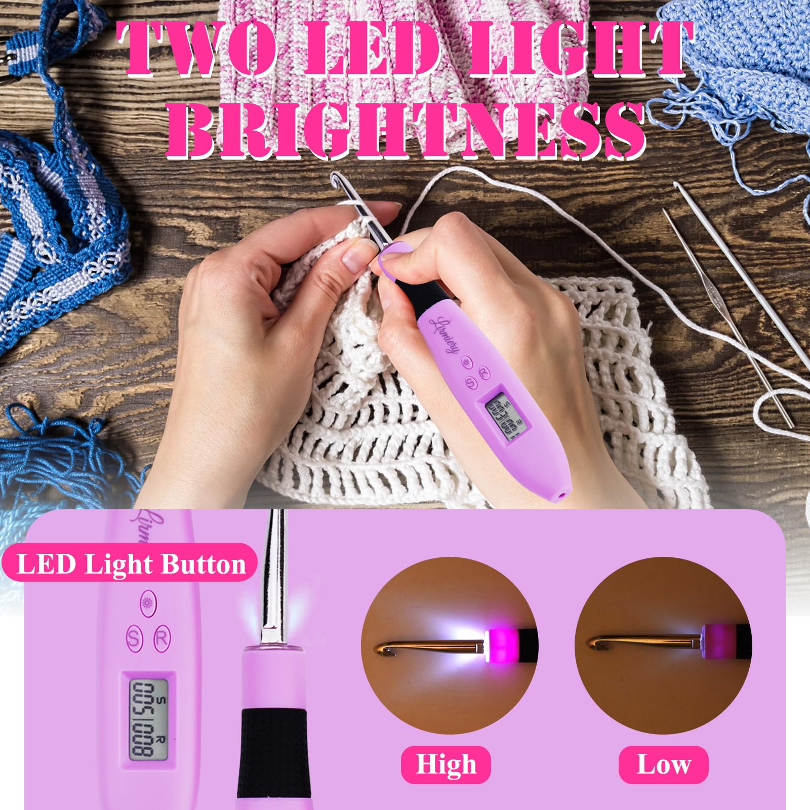 Juego de agujas de ganchillo ergonómicas digitales con LED y 2 niveles de brillo regulable y contador de puntadas digital, kit de punto para principiantes con 12 ganchos de ganchillo intercambiables