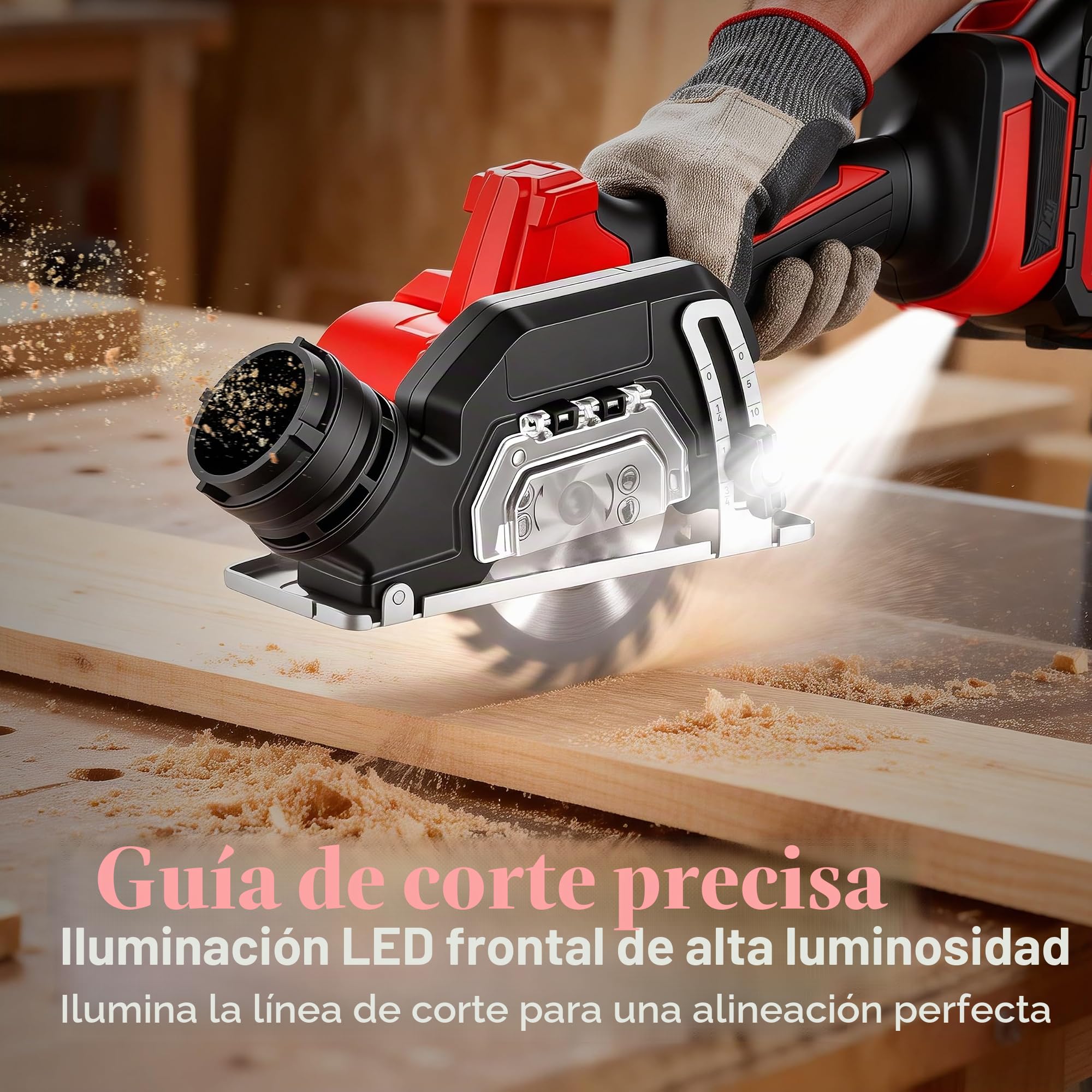 TEENO Sierra Circular con Guia, Sierra Circular de Mano 20000RPM | 2x 2,0Ah Baterías, Compatible con baterías Makita, 8 Hoja de Sierra 76mm, Ángulo ajustable 0-45°, Ideal para Cortar Madera