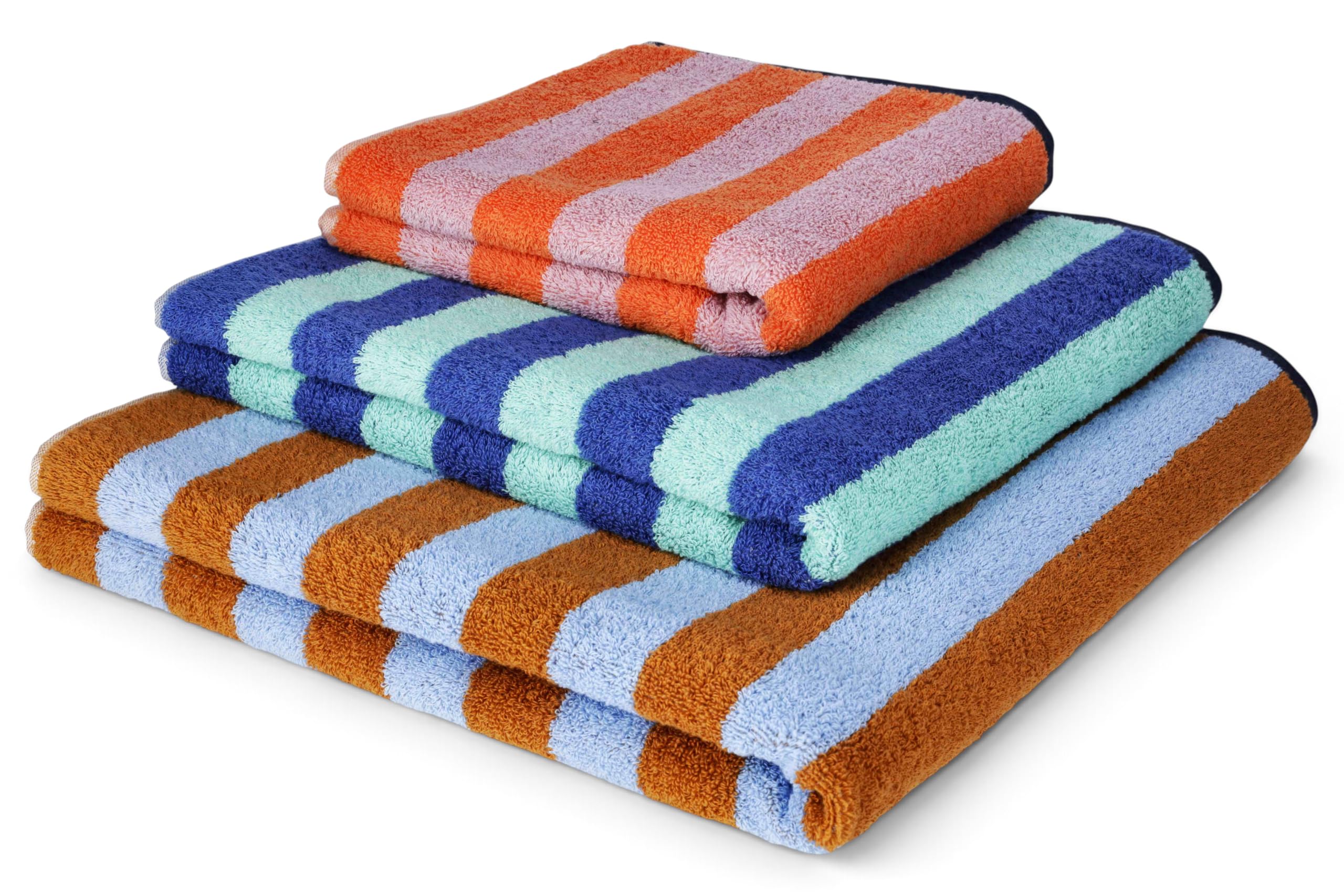herzbach home Good Vibes - Set di 2 asciugamani da doccia, 70 x 140 cm, grandi, morbidi e assorbenti, design a righe, 100% cotone finissimo (turchese/blu)