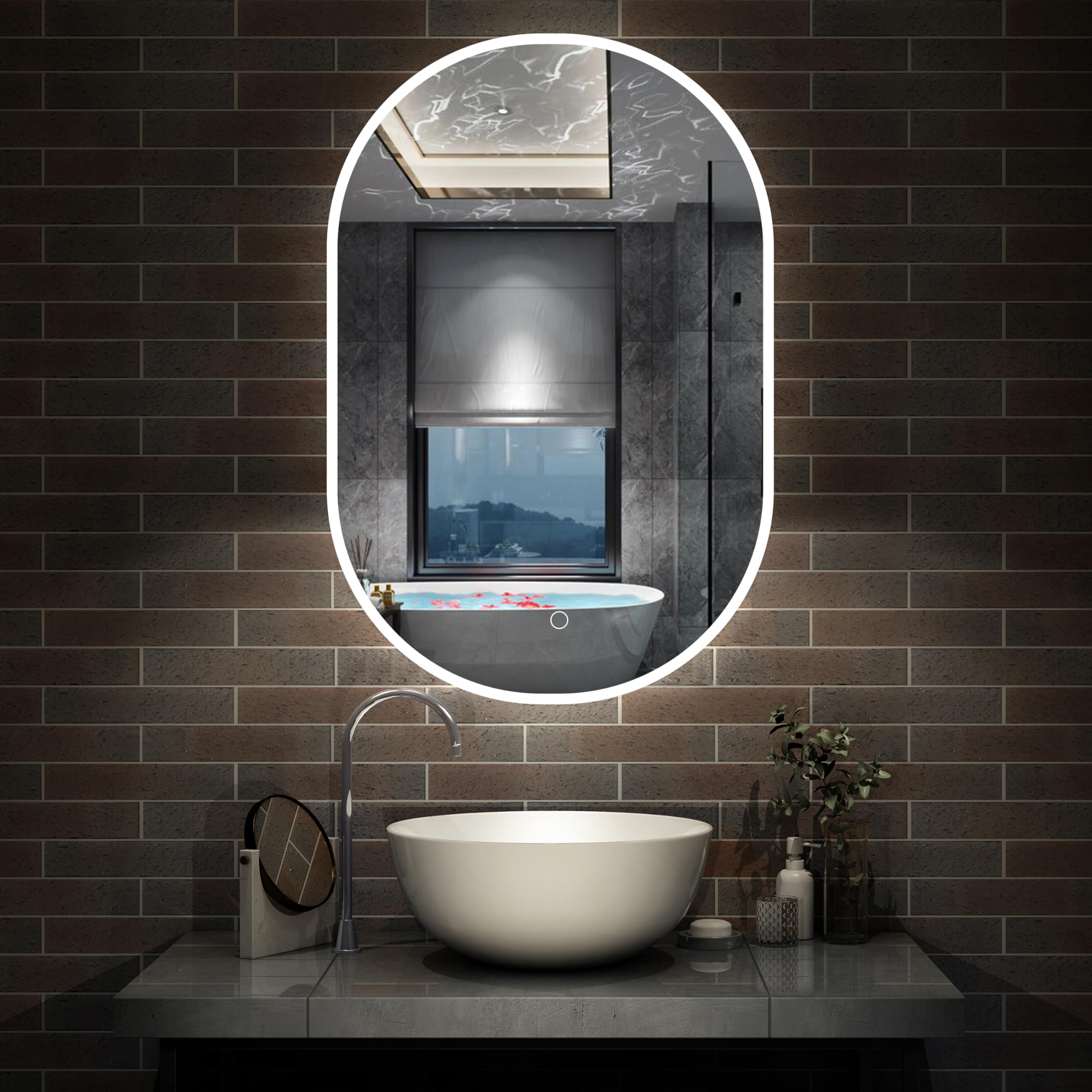 60x90cm Oval LED Bathroom Mirror with Light, Illuminated Wall Mounted Vanity Mirror, Anti-fog, 3 Colors Dimmable Light, Memory Function, IP44, Demister Mirror with Backlit Lights for Bathroom