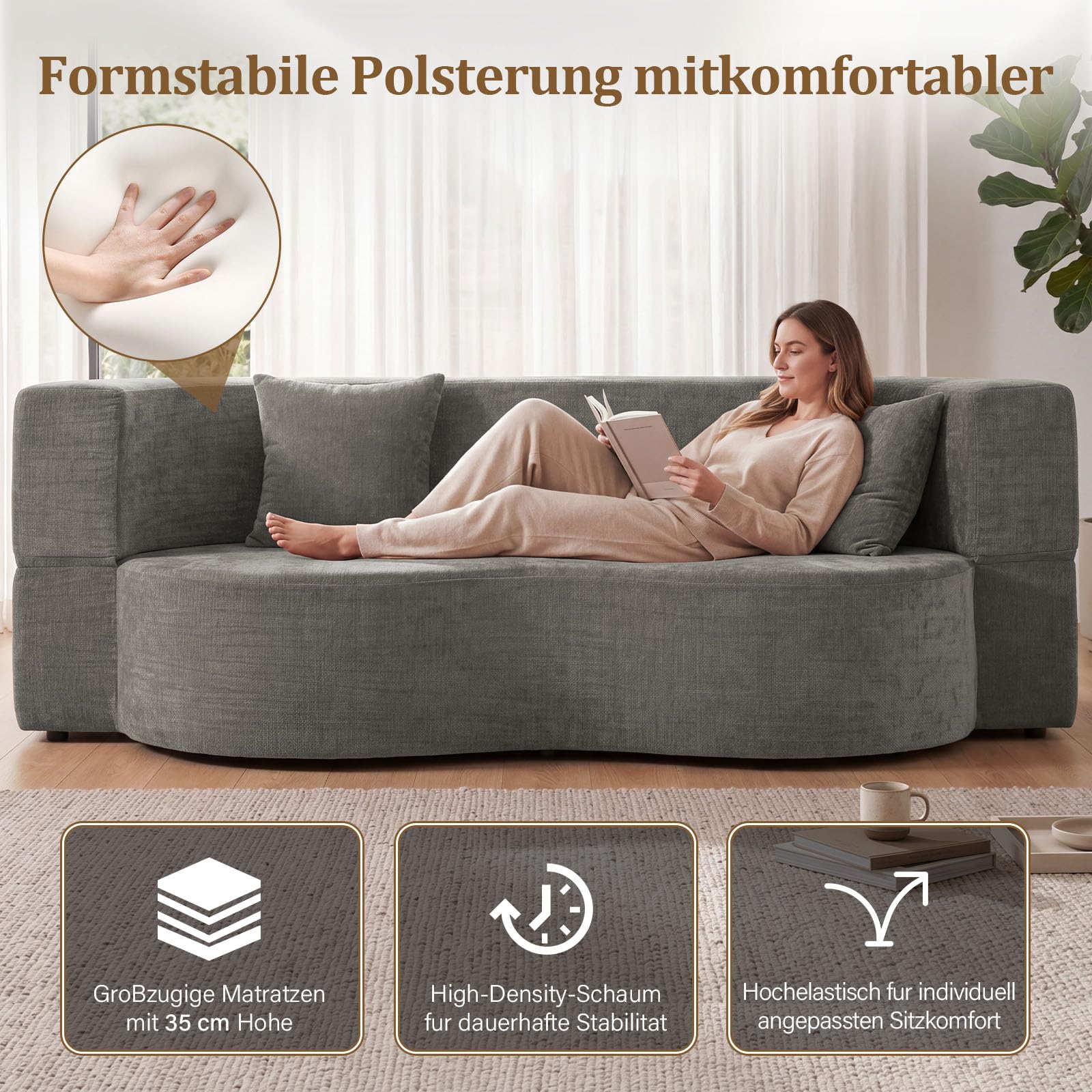 Faltbares 3-Sitzer Gästebett & Schlafsofa, 200 cm breites XXL Bett in Grau – Bequeme Klappcouch für Wohnzimmer, Schlafzimmer als Lounge oder Gästebett