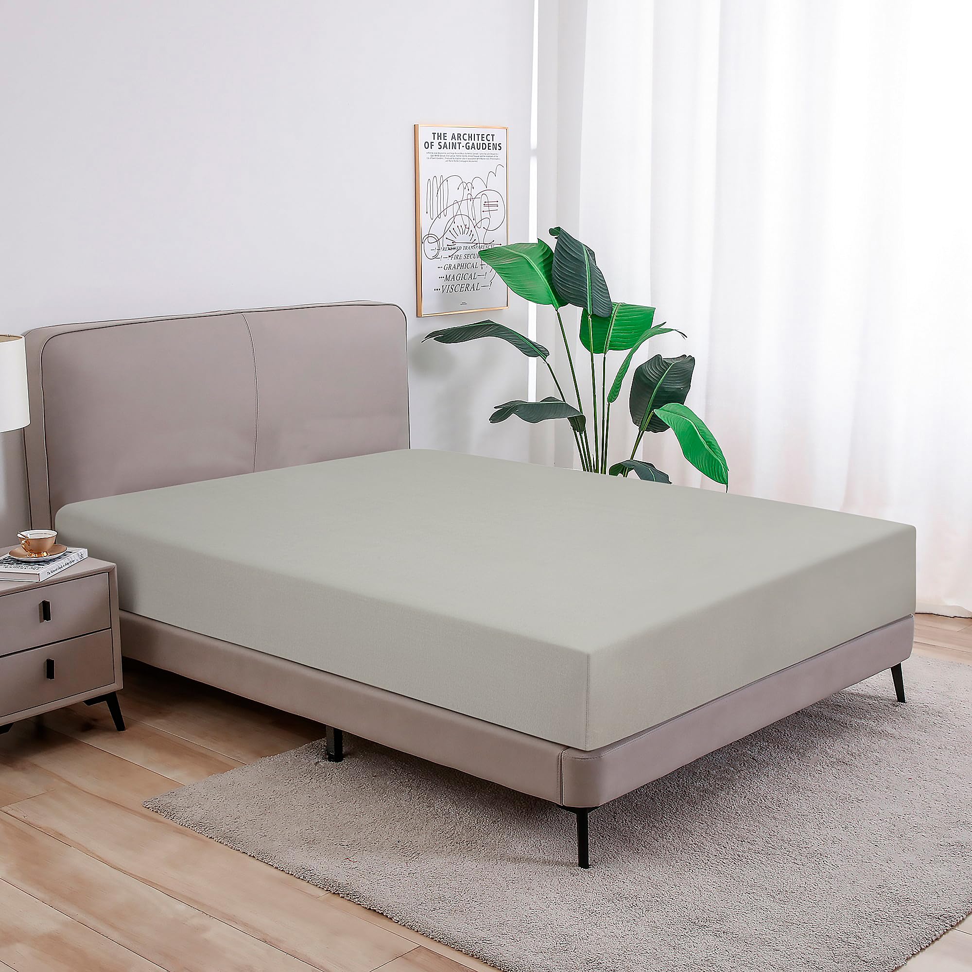 Drap-housse en jersey grand bonnet 40cm élastique coton peigné gris clair