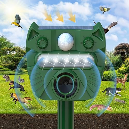 Repelente solar ultrasónico de animales, disuasorio de ardillas al aire libre con sensor de movimiento, sonido y LED intermitente, repelente de