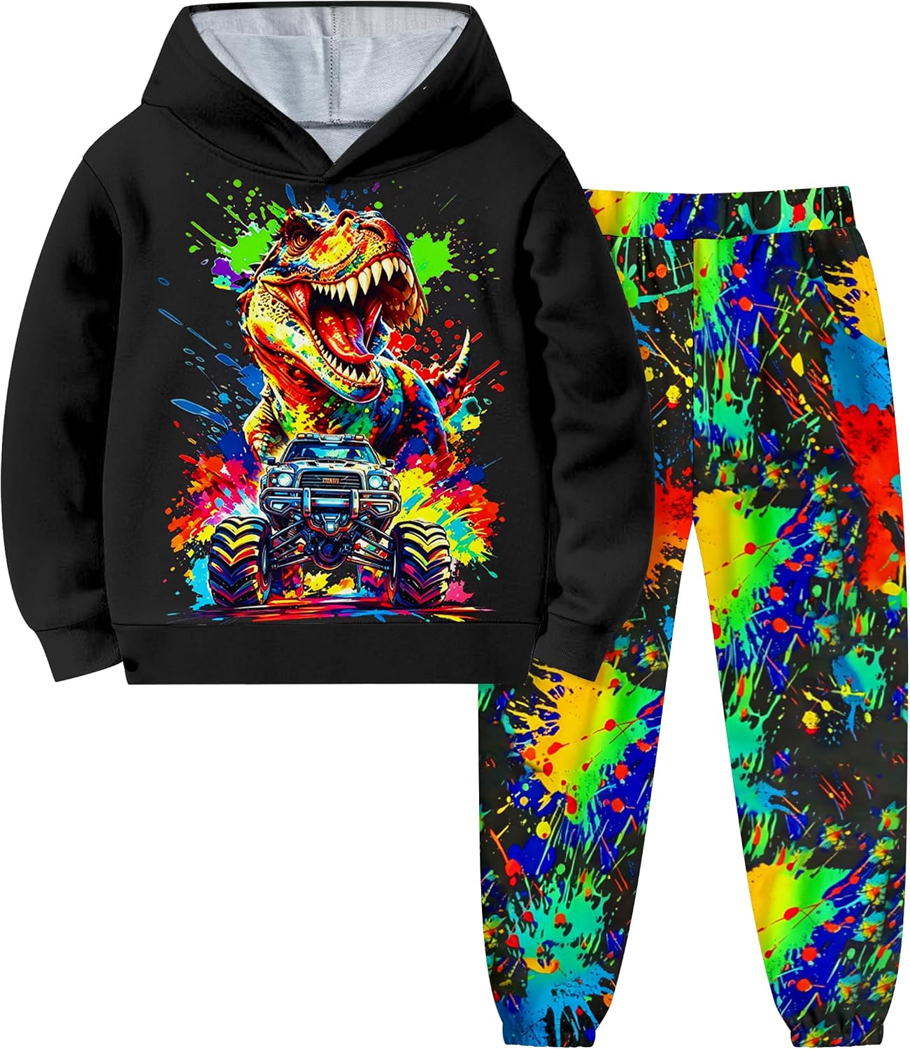 Boys Clothes, T-Rex Print Dinosaur Boy Clothes Fall Winter Outfits Long-sleeved Hooded Sweatshirt Pants 2Pcs Set