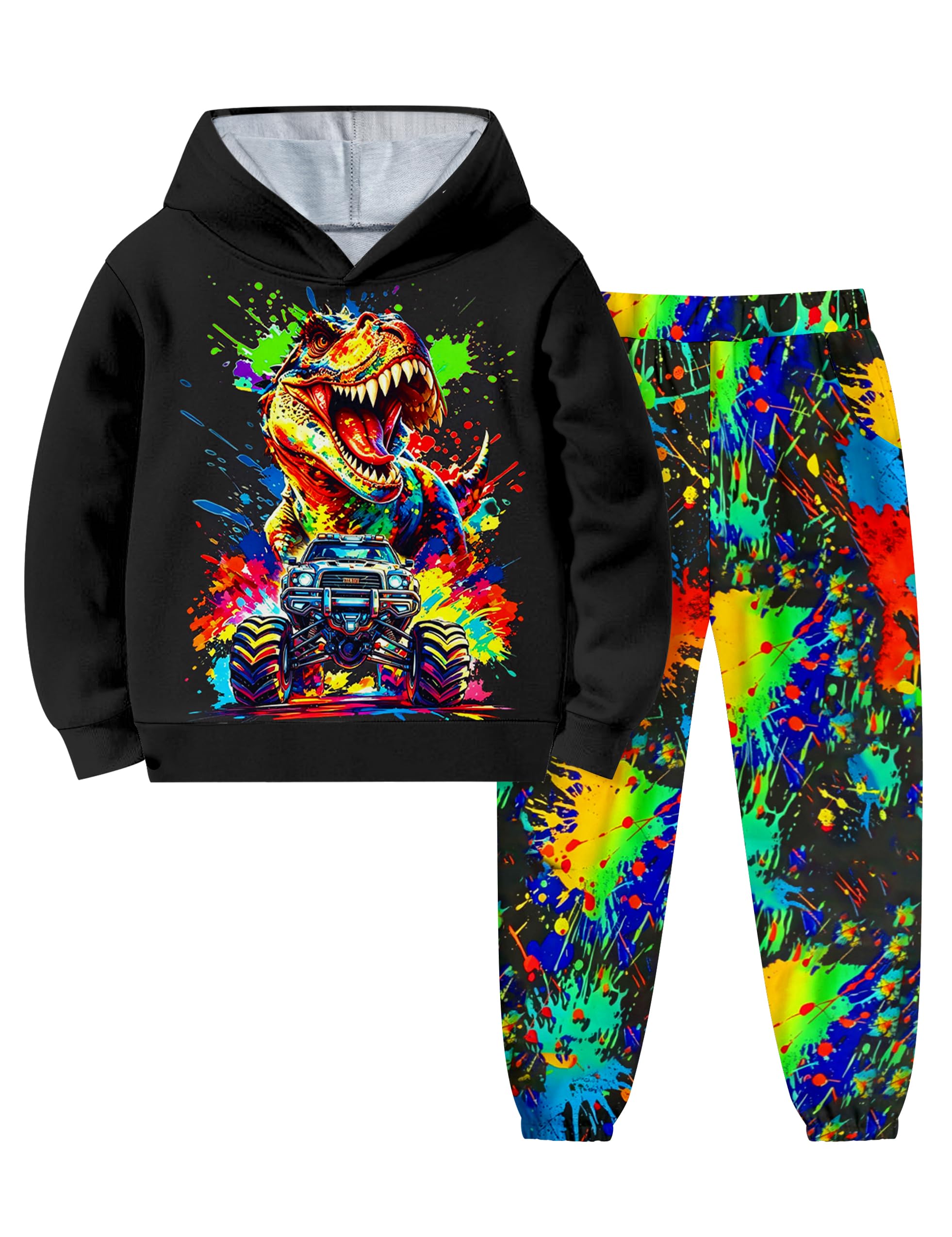 Boys Clothes, T-Rex Print Dinosaur Boy Clothes Fall Winter Outfits Long-sleeved Hooded Sweatshirt Pants 2Pcs Set