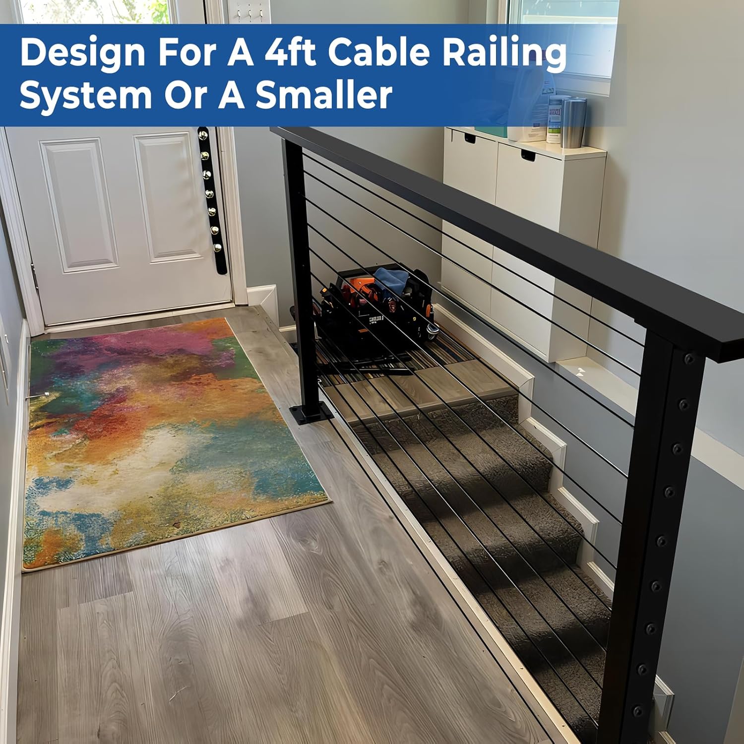 2ft-4ft Complete Set 42" Deck Cable Railing System with Handrail Cuttable, Modular T304 Stainless Steel Black Level Drilled Cable Railing Posts Kit with 1/8" Cable Railing Hardware