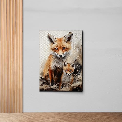 Fox Mother Cub Prints, In The Style Of Stencil,Based, Ivory, Kids Wall Art, Kids Wall Art Display, Mom And Baby Animal Art Print, Wall Art, Art Decor