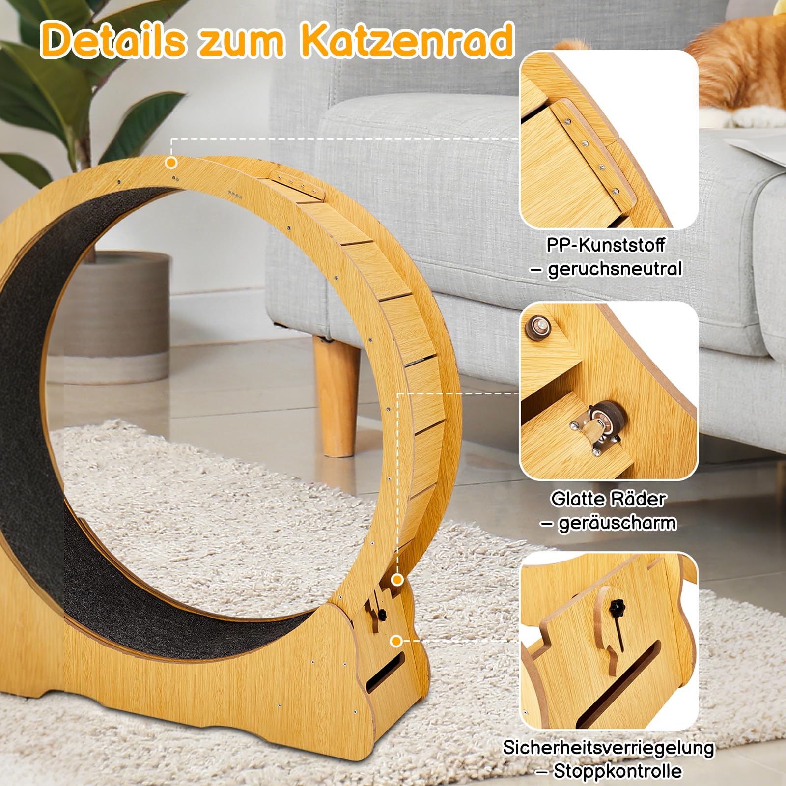 LEADZM Katzenlaufrad | 100cm Durchmesser - Laufrad Katze für große Katzen - Hochdichte Faserplatte, Kratzfest, stabil und leise - Geeignet für Katzen mit einem Gewicht bis zu 11 kg, Holzfarbe
