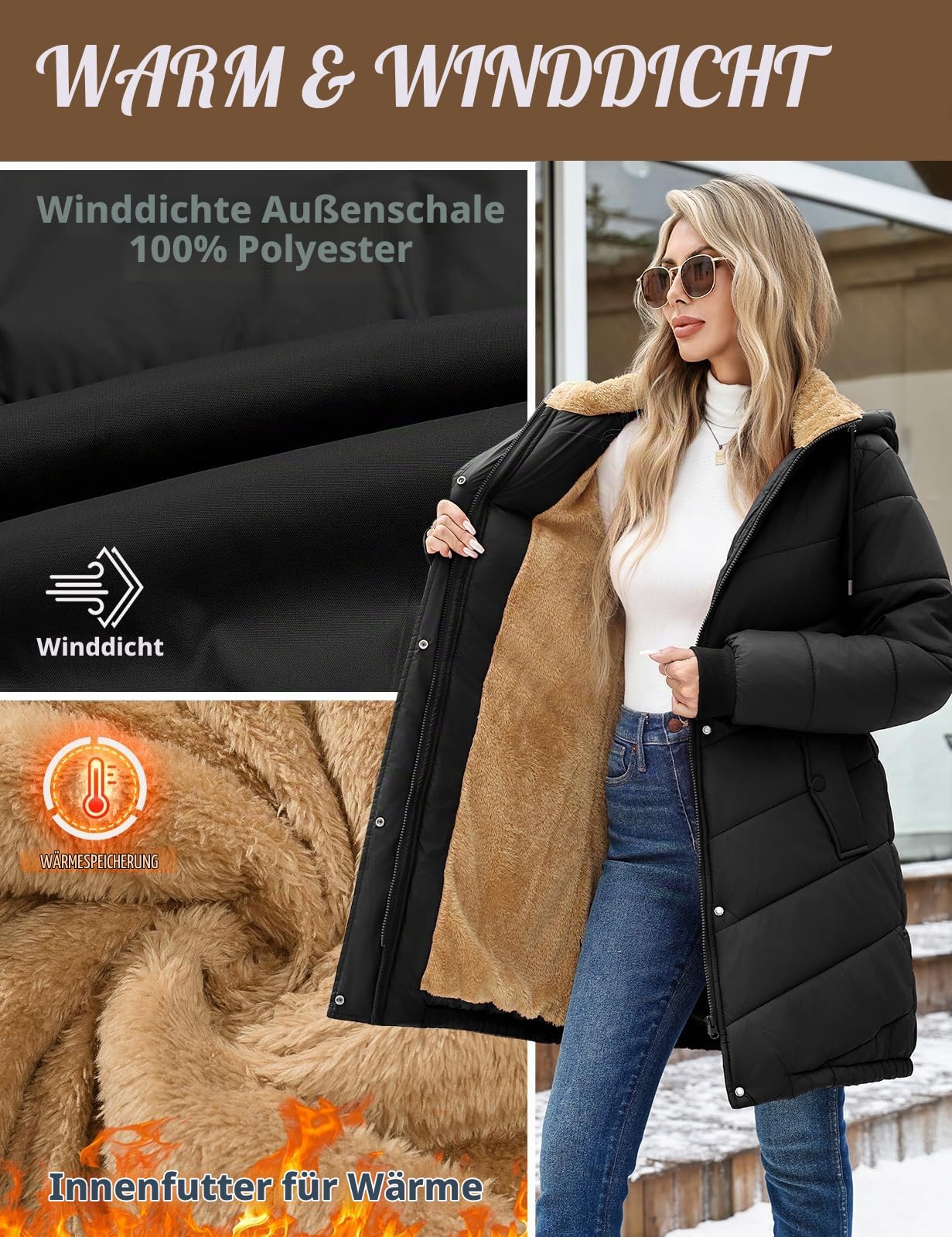 Winterjacke Damen Lang Fleece Gefüttert Steppmantel mit Kapuze Warm Parka Damen-Jacken Puffer Mantel Herbst Winter Hooded Jacket Kapuzenjacke Wintermantel mit Taschen