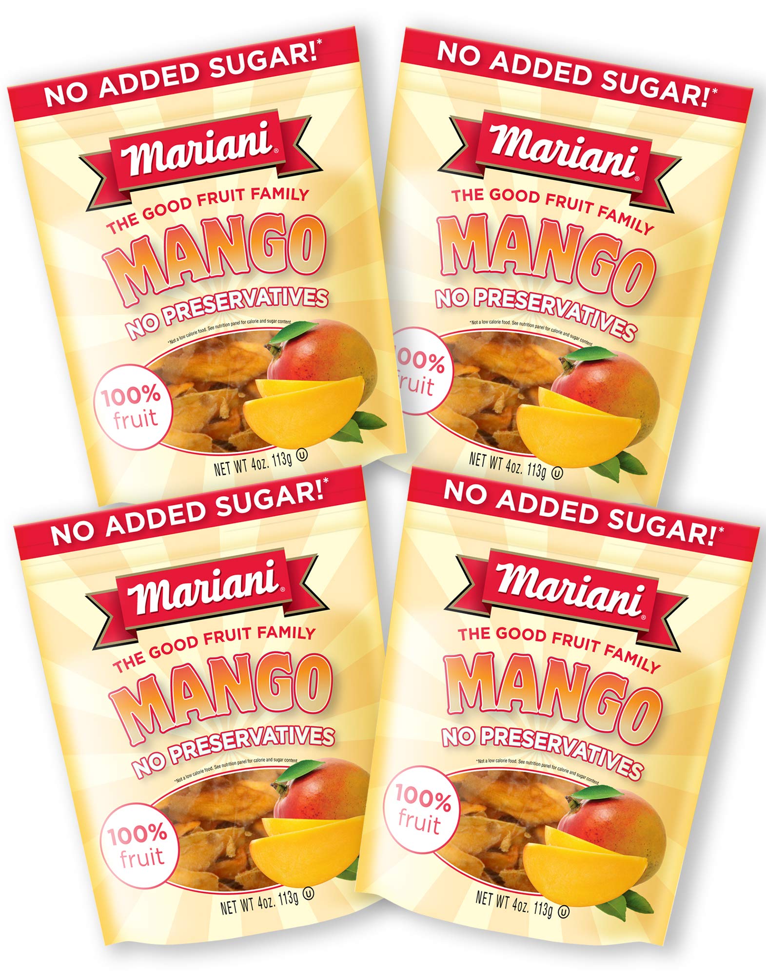 Mariani | Dried Mango | 4oz (Pack of 4) | Unsweetened & Unsulfured | Gluten-Free | No Preservatives | 100% Fruit | Resealable Bag