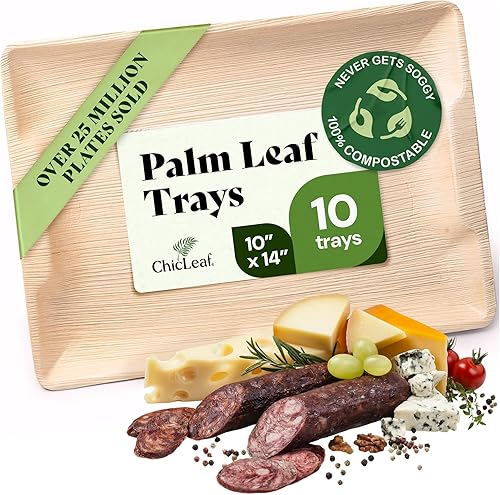 Chic Leaf Bandejas de hoja de palma 100% compostables como bandeja y plato de bambú desechable de 10 x 14 pulgadas rectangular (10 piezas)  Tablas