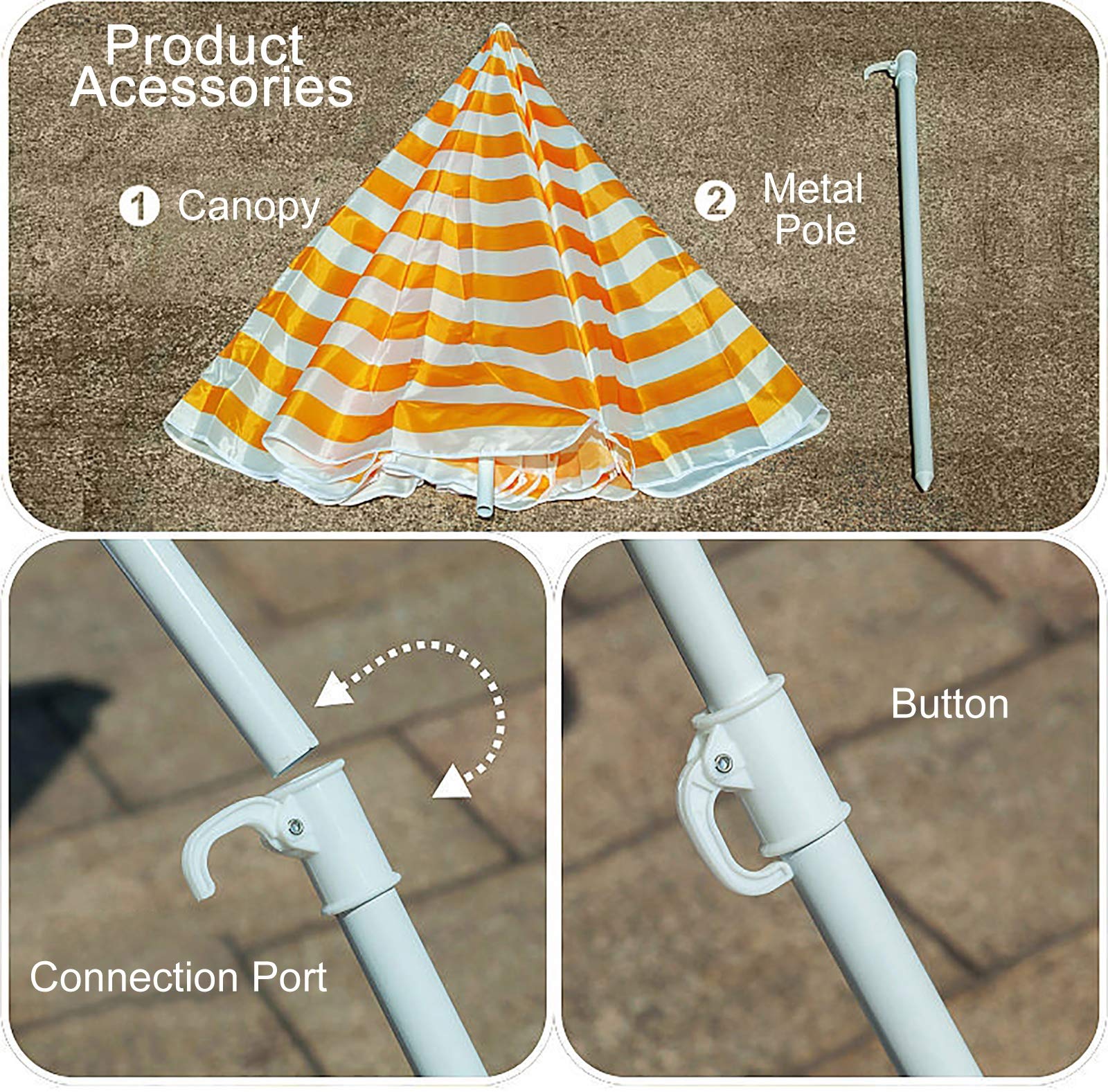 XJBTBA Parasol ogrodowy Parasol Parasol Mały parasol plażowy w paski (2 m / 6,5 stopy) z kotwicą piaskową, przenośny wodoodporny parasol ogrodowy na zewnątrz Patio, okrągły parasol przeciwsłoneczny na