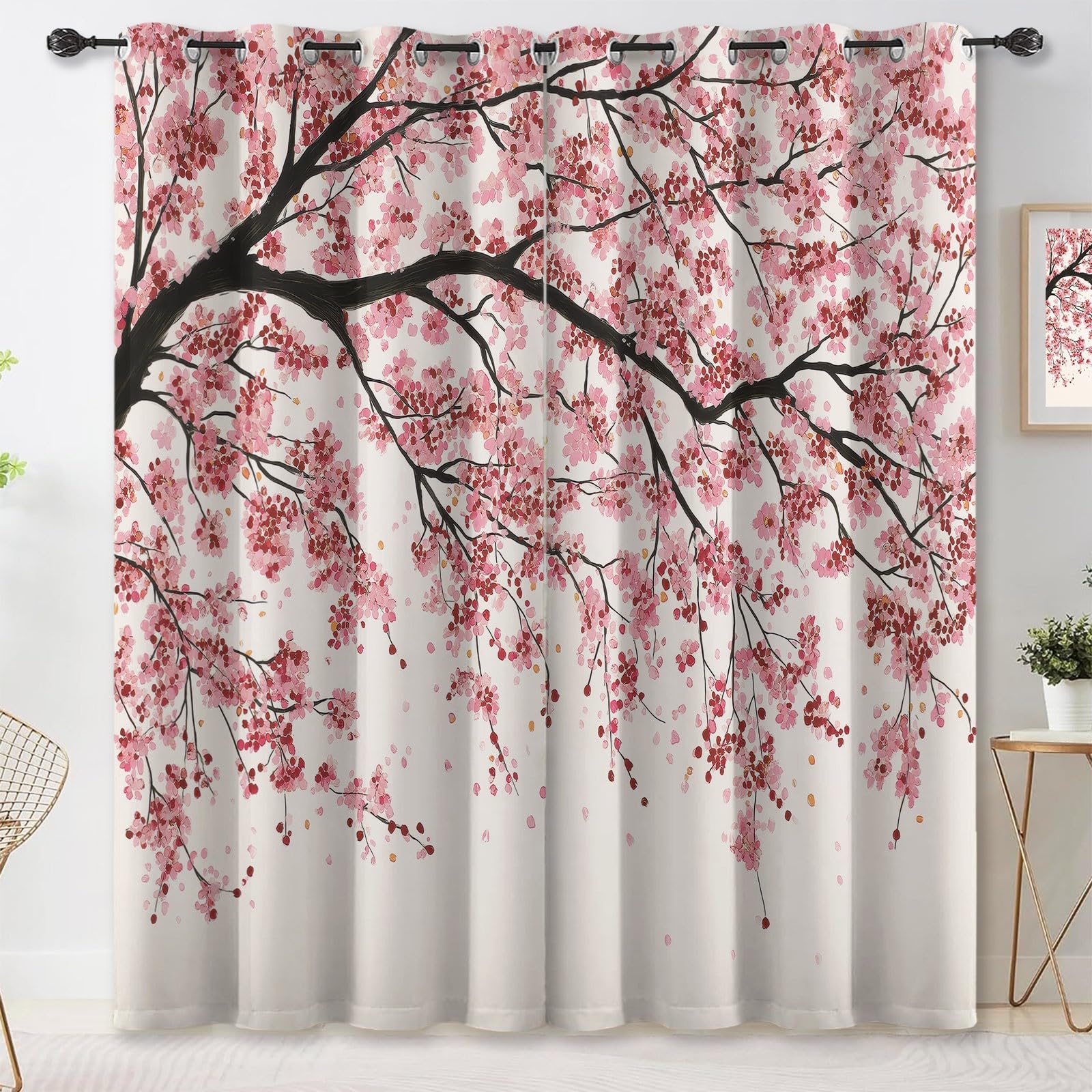 Simple Blackout Curtains, Cherry Blossom Branches Pattern Thermal Insulated Window Drapes, Light Pink Polyester Room Darkening Curtains for Nursery Bedroom Living Room - W 46" x L 54" (2 Panels)