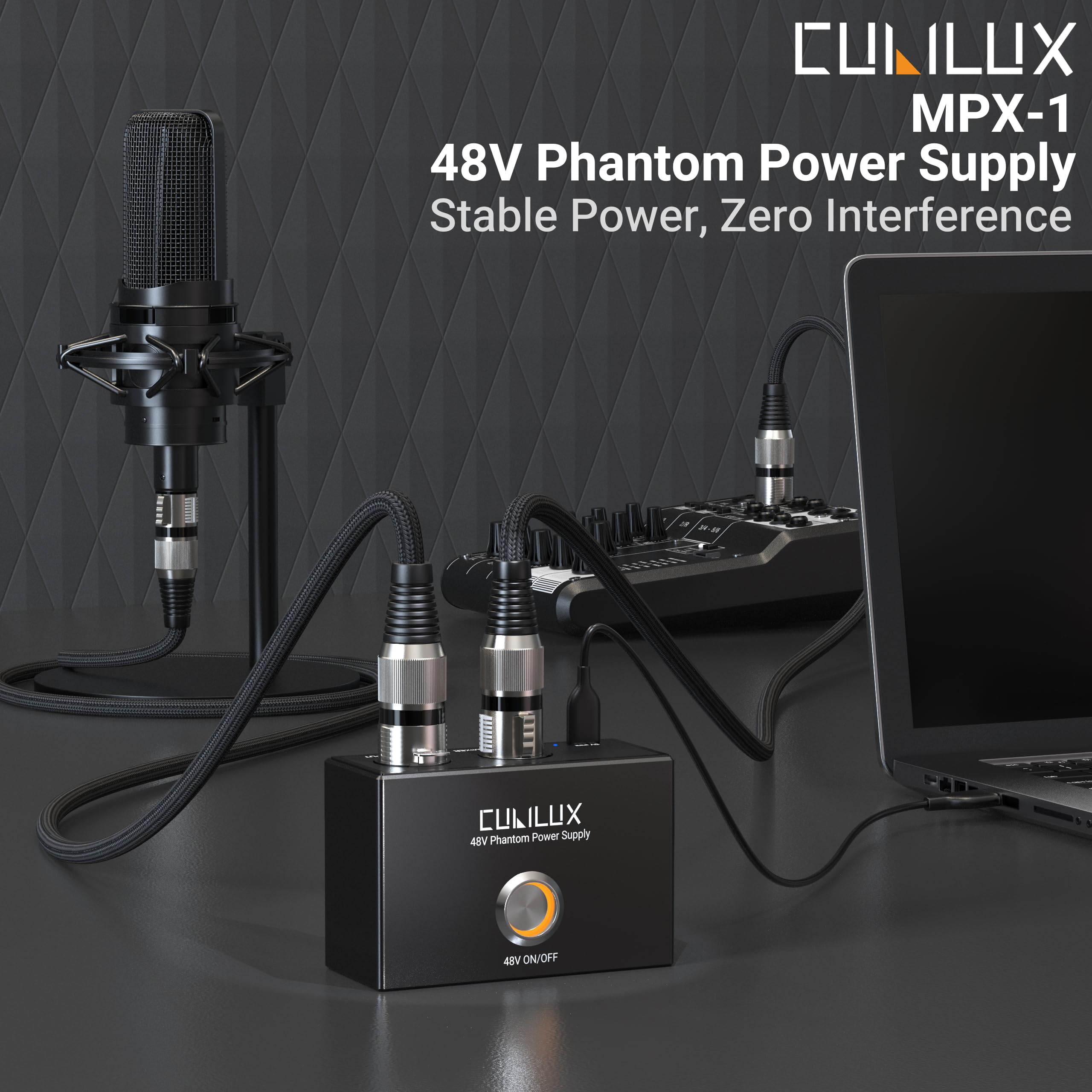 Cubilux MPX-1 Alimentation fantôme 48 V avec câble USB C - Alimentation portable en aluminium avec entrée et sortie XLR et fixation Arri 1/4" pour microphones à condensateur