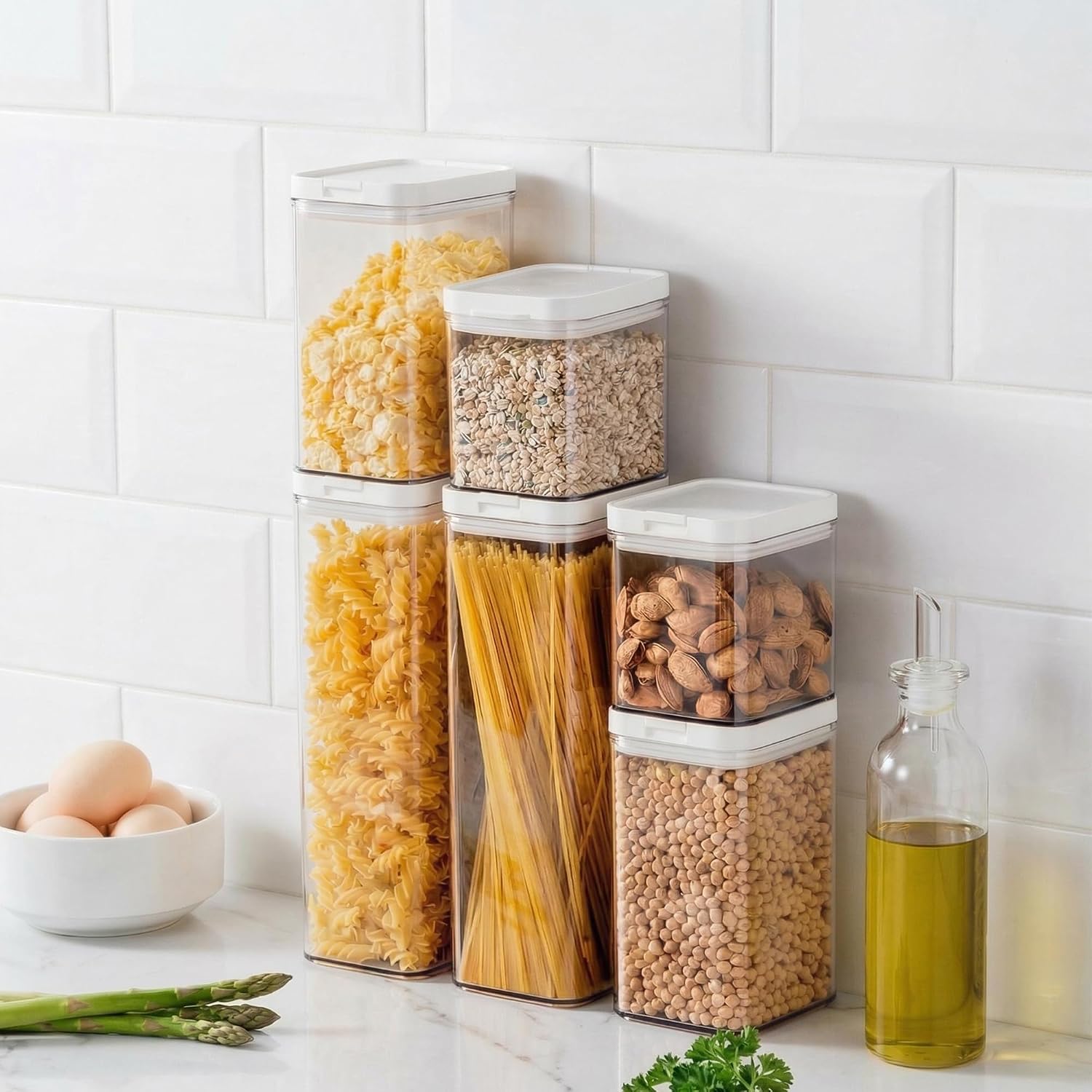 6-Piece Double Lid Airtight Storage Jars Set, Food Grade AS+PP+TPE, 2 Large (64oz/1.9L), 2 Medium (37oz/1.1L), 2 Small (23oz/0.7L), White Lids, Stackable, One-Hand Operation, for Grains, Pasta, Nuts,