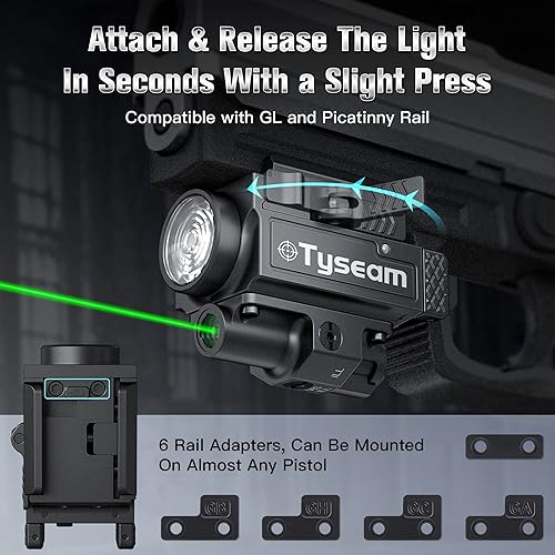 Miniatura 3 de Combo láser de pistola compacta de 800 lúmenes, color verde claro, linterna táctica brillante para pistola con riel Picatinny o GL, luz LED blanca