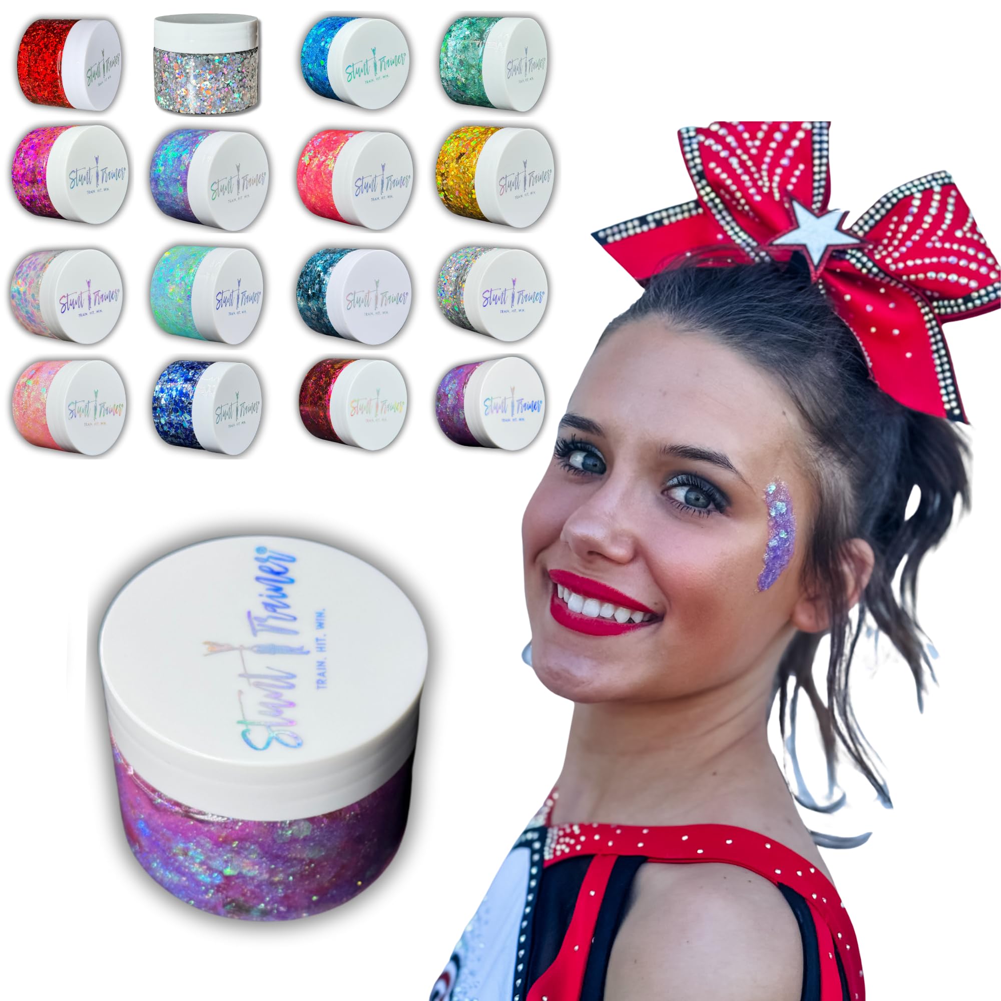 Stunt Trainer Cheer Glitter Face Body Makeup Peel Off Gel Chunky Holographic 15 Colors 1.6oz Vegan Cruelty Free Nontoxic Cheerleader Cheerleading