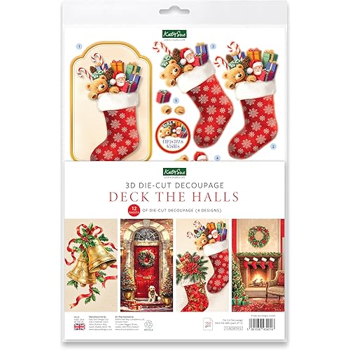 Katy Sue Deck The Halls Die-Cut Decoupage Pack. 12 Pre-Cut Die-Cut Decoupage Sheets for Christmas Card Making Supplies & Card Toppers Featuring Christmas Stocking, Jingle Bells & Holiday Scenes