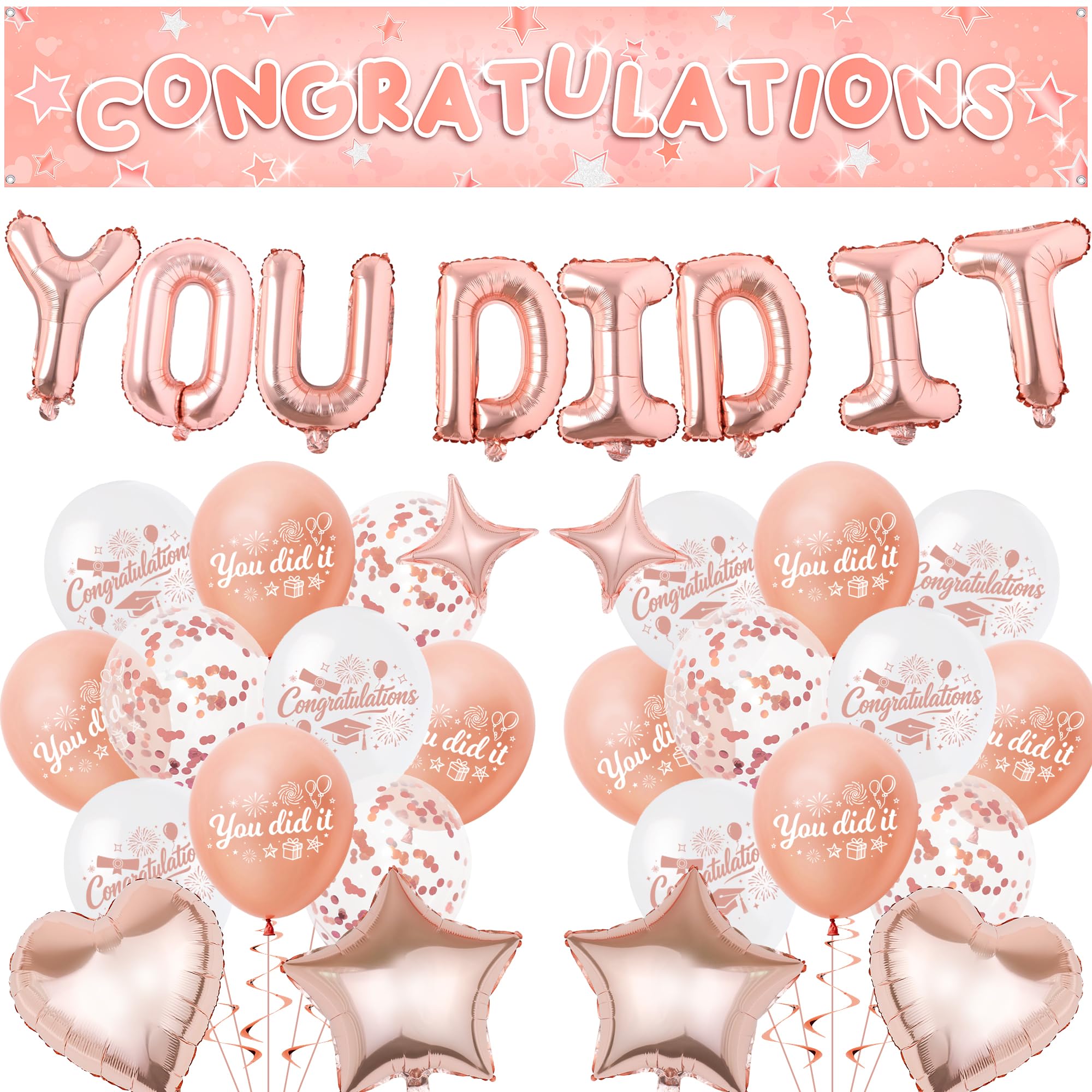 Congratulations Banner Graduation Party Decorations - Rose Gold You Did It Balloons Well Done Decoration, Star Heart Foil and Latex Balloon for Retirement and Achievement Celebrations