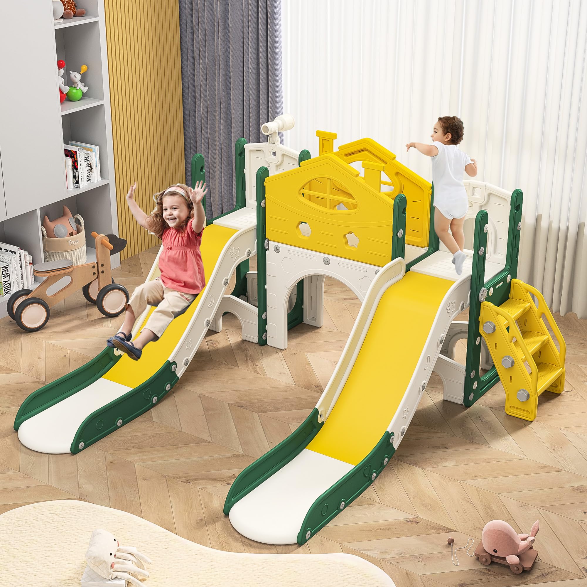 Toboga 7 in 1 per neonati, Toboga per Bambini Interno Esterno con Toboga, passerelle, scale, Strutture da arrampicata, Binocolo, Altalena Toboga autoportante (Giallo-1)