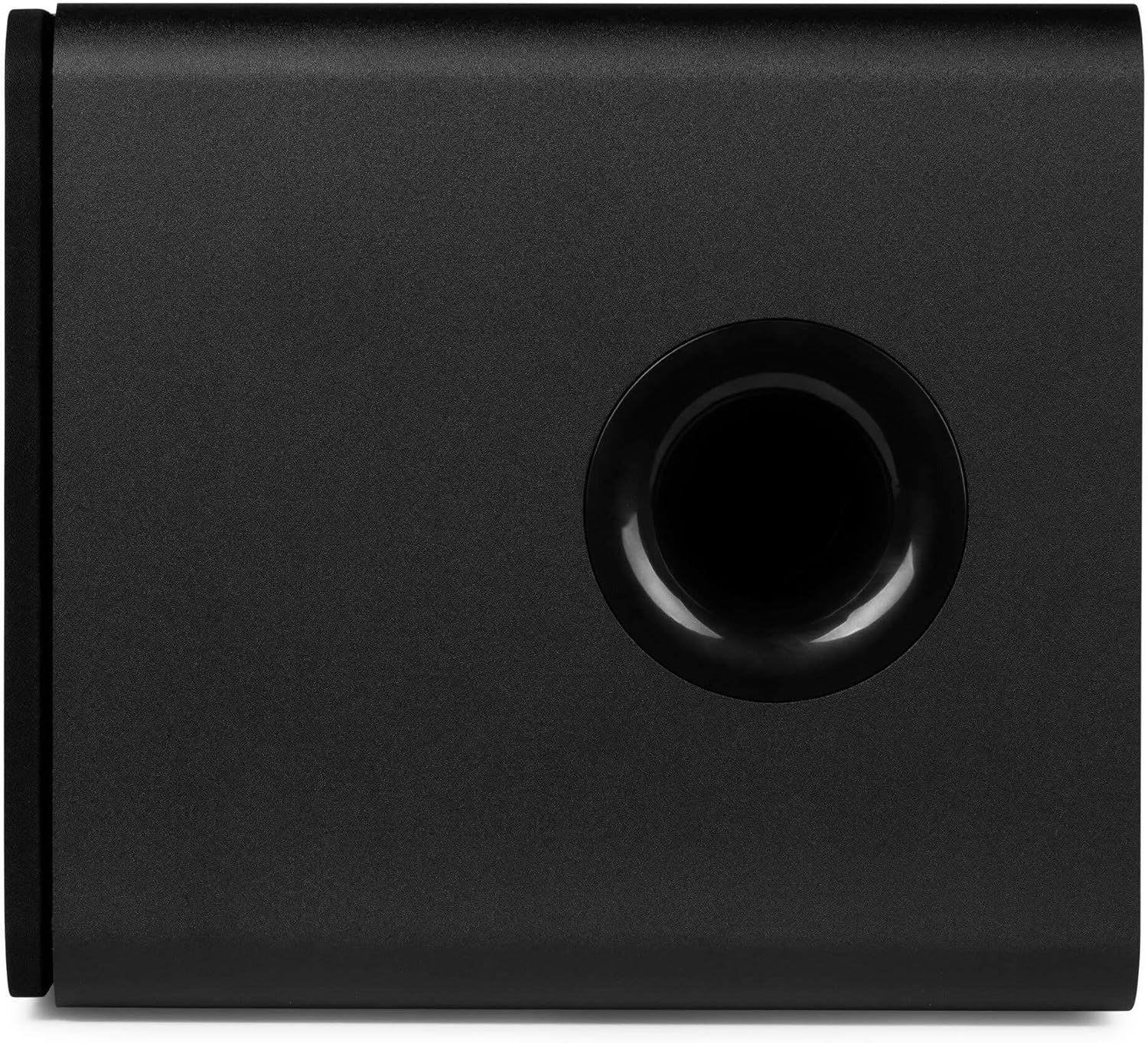 sebelah view of the Audizio SW80D subwoofer, featuring the bass reflex port