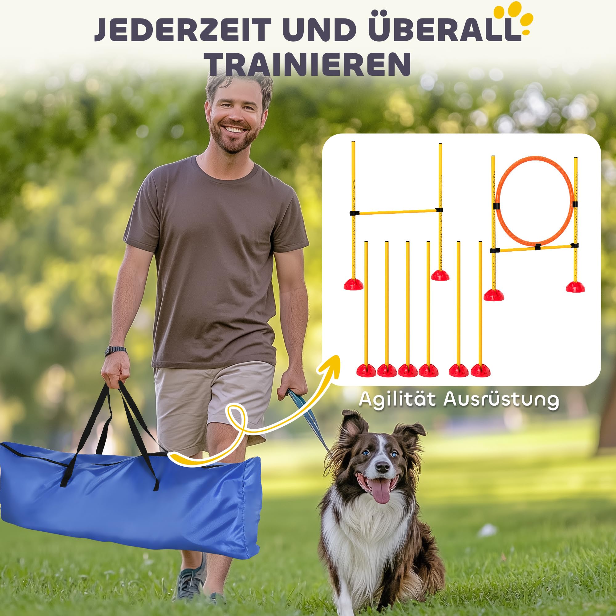 PawHut Set Agility Cani 4 pezzi riempibili per l'addestramento dei cani Set di ostacoli con pali per slalom, ostacoli regolabili in altezza, anello per il salto e la coordinazione per l'addestramento