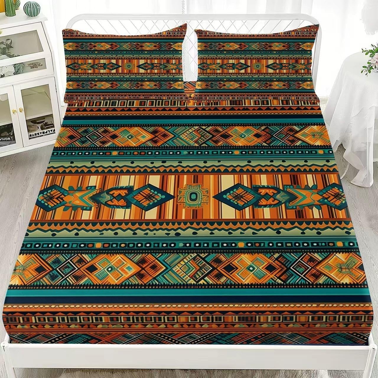 Sabana Bajera 180x200 Motivos éTnicos Sabanas Bajeras Estampadas Retro Sábana Bajera Ajustable Suaves, Elastico Funda Colchon con 2 Funda Almohada 50x80 cm, para Colchón de 30cm de Altura
