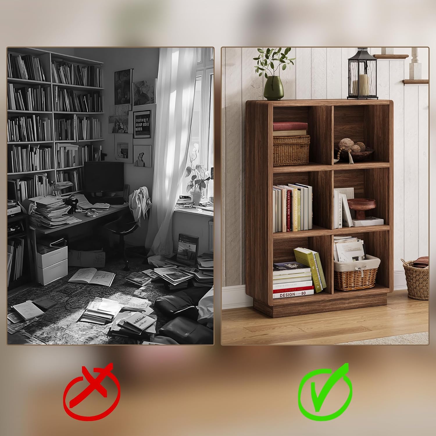 ChooChoo 3-Tier Bookshelf, 6 Cube Storage Organizer, Wooden Bookcase with Storage, Cube Storage Bookshelf for Bedroom and Home Office, Brown Walnut - Image 8