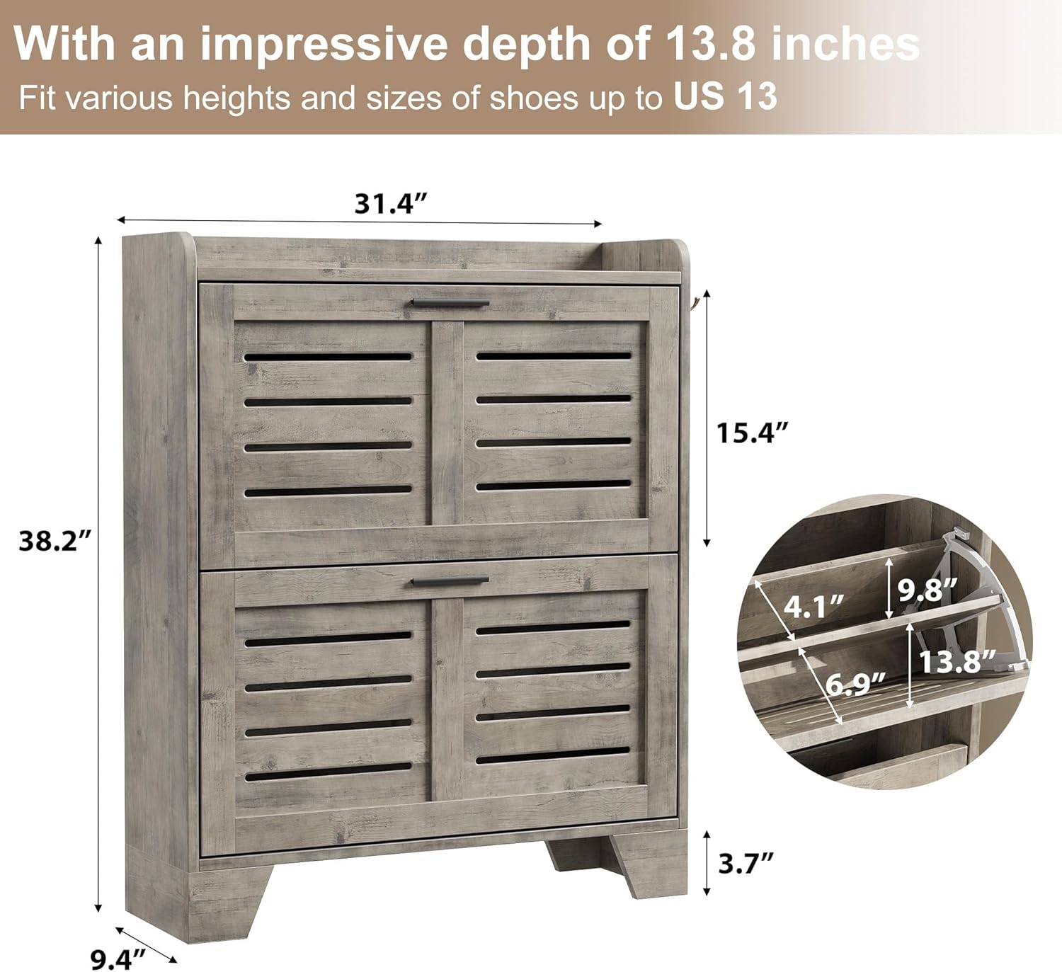 Garvee Shoe Storage Cabinet with 2 Flip Drawers, Freestanding Shoe Organizer Storage for Entryway with 2 Side Hooks, Farmhouse Hidden Slim Narrow Shoe Rack Cabinet, Gray