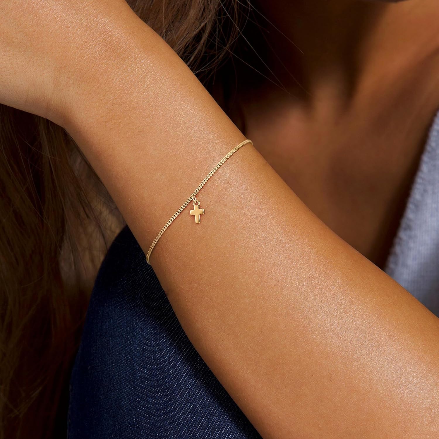 Gold Bracelets for Women,Dainty Gold Cross Bracelet 14K Gold Plated Beaded Bracelets for Women Trendy Bracelet Stack Pearl Bracelet Set Waterproof Chain Bracelet Gold Jewelry for Women Baptism Gifts - Image 2