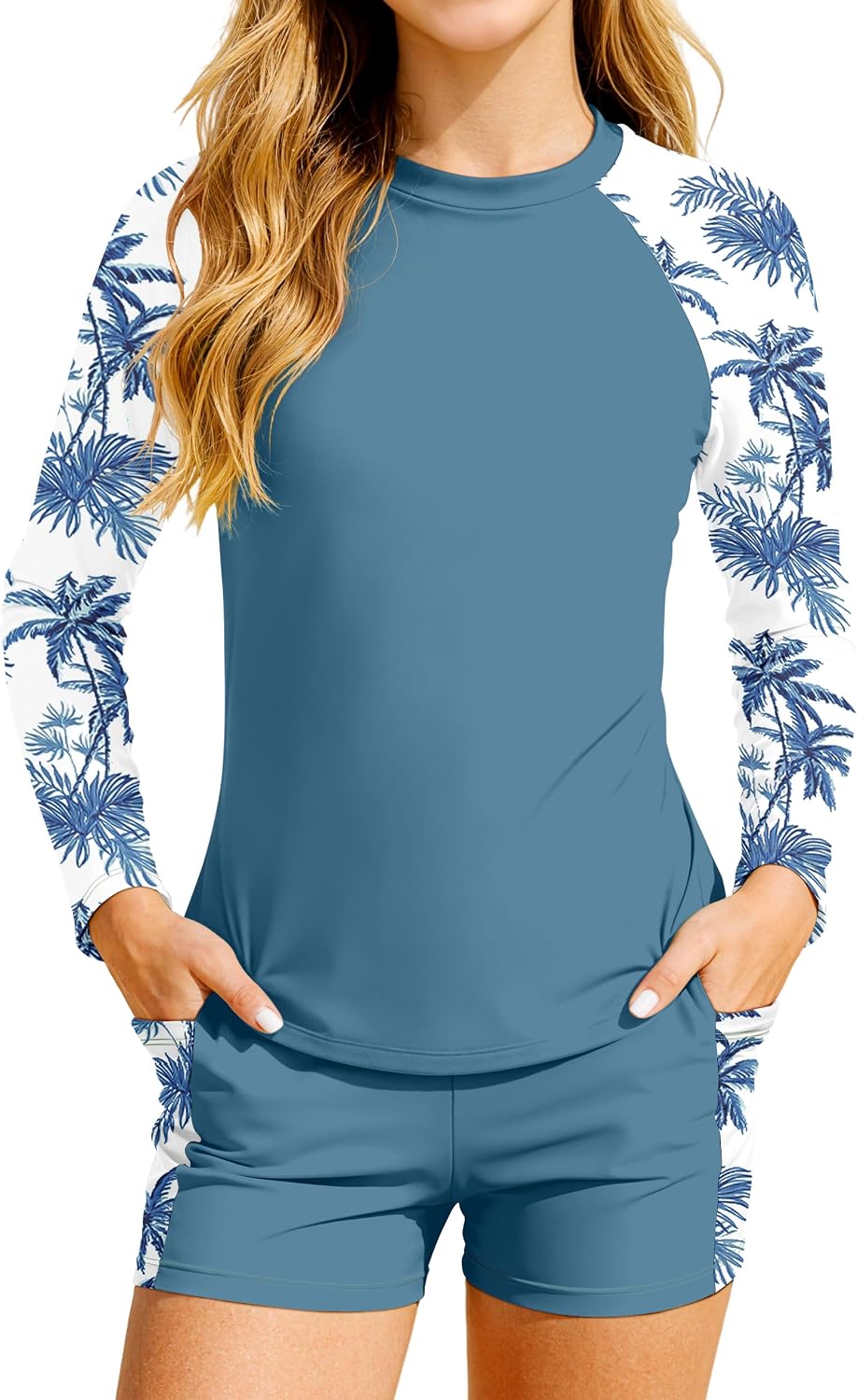 CrabQueen Girls Rash Guard Swimsuit 2 Piece Long Sleeve Bathing Suit Printed Swim Suits UPF 50+ Sun Protection Swimwear 9-16Y