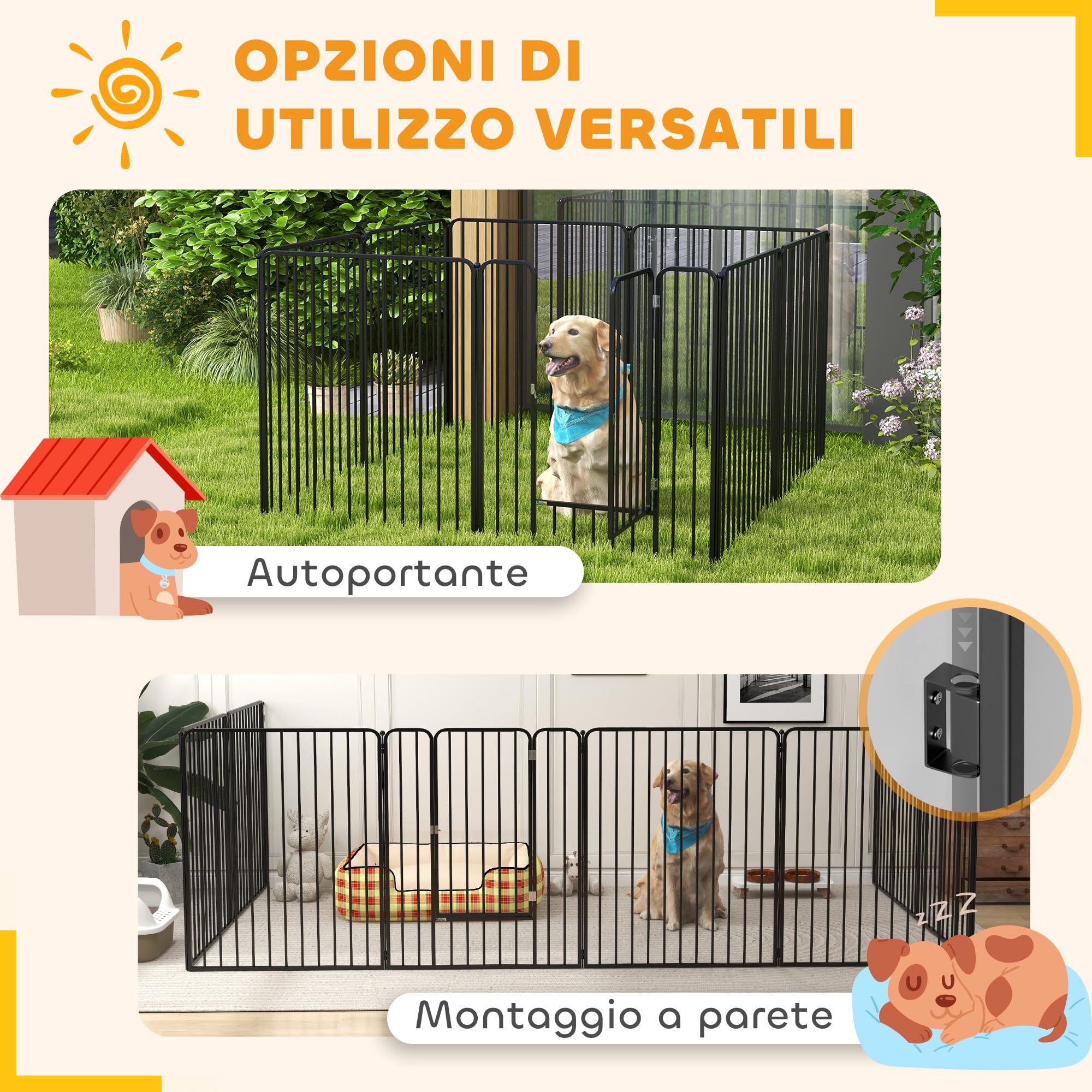 PawHut Box per Cani Taglia Piccola, Media e Grande a 8 Pannelli Modulabili da Interno ed Esterno, Cancello per Cani in Acciaio con 9 Picchetti, 164x164x100 cm, Nero