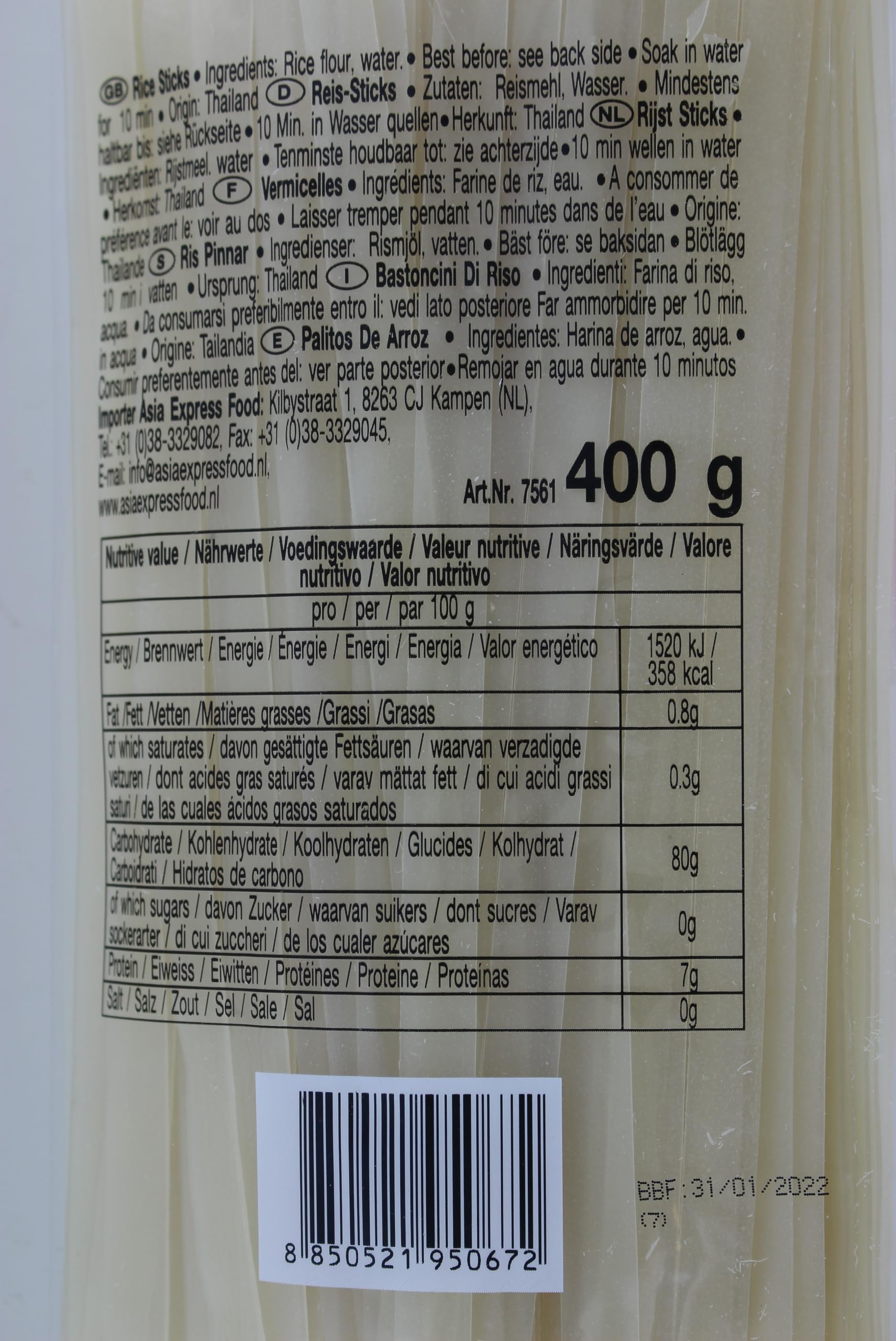 Fideos de arroz en bastones rectos de 10 mm 1 x 400 g