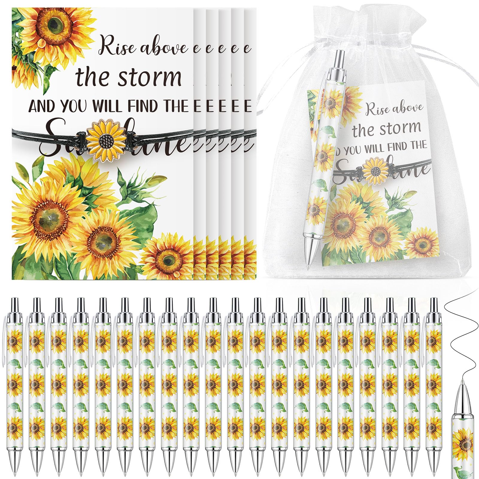 EYNDYN 48 Sets Sunflower Gifts Bracelets Ballpoint Pens Bulk Sunflower Yellow Floral Theme Retractable Pens with Information Card Organza Bags for