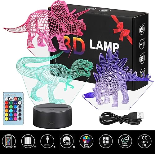 Miniatura 8 de VSATEN Dinosaur Night Light for Kids, 3D Illusion Lamp 3-Pattern & 16 Colors Changing LED Dino Nightlight with Smart Touch & Remote Control,