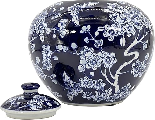 Miniatura 4 de Galt International Tarro Chinoiserie Floral Oscuro Azul de 8" con Tapa, Tarro Decorativo de Jengibre, Centro de Mesa, Tarro de Almacenamiento de Té,