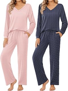 Ekouaer Womens 2 Pack Pajama Sets Long Sleeve Pajamas Top and Pants V Neck Soft Pjs Set Loungewear with Pockets