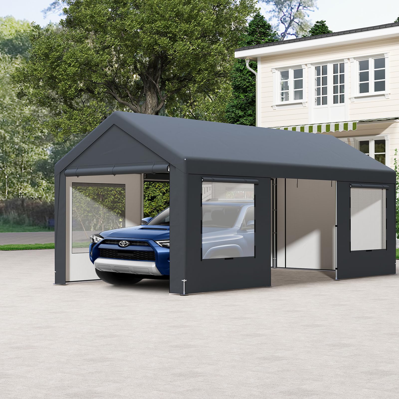 SOARS Carpa de Garaje 300 x 595 x 280, Tienda de campaña con 8 Paredes Laterales extraíbles, Marco de Metal, Paneles de Ventanas de Polietileno, Puertas enrollables, Refugio para Garaje, Incluye