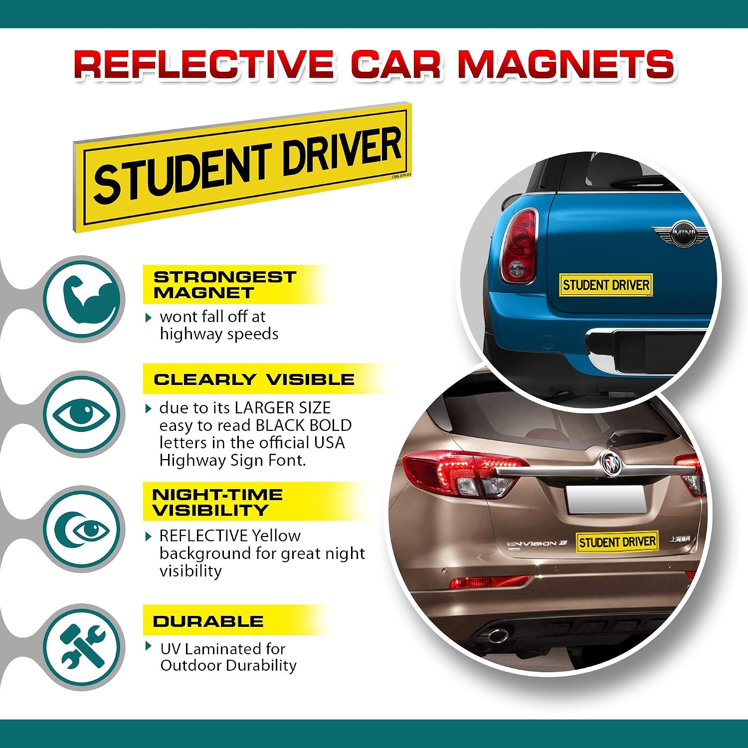 Reflective Student Driver Magnets for Car – Set of 3