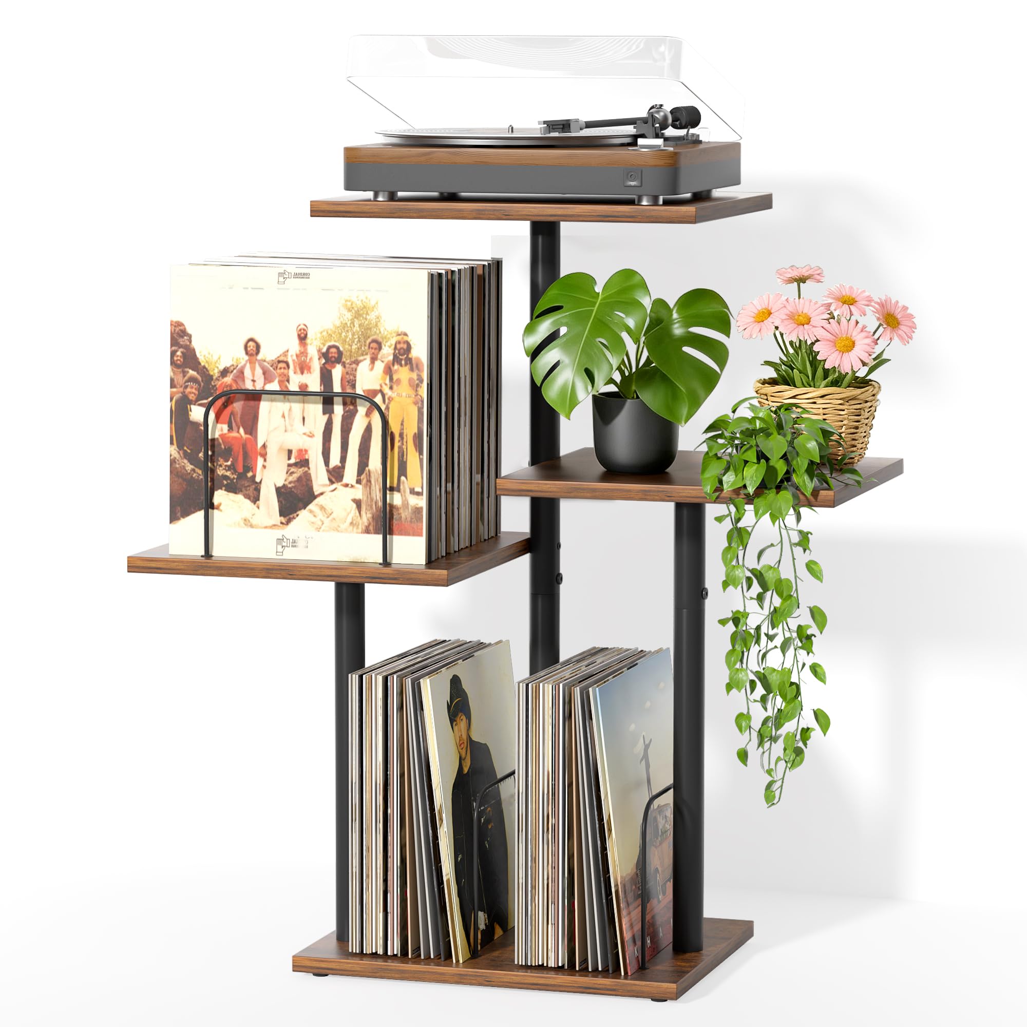 Bikoney Botanical Record Player Stand with Vinyl Storage, Wooden Turntable Table with LP Shelf, Record Album Organizer & Display for Small Spaces, Apartments, Bedroom and Living Room