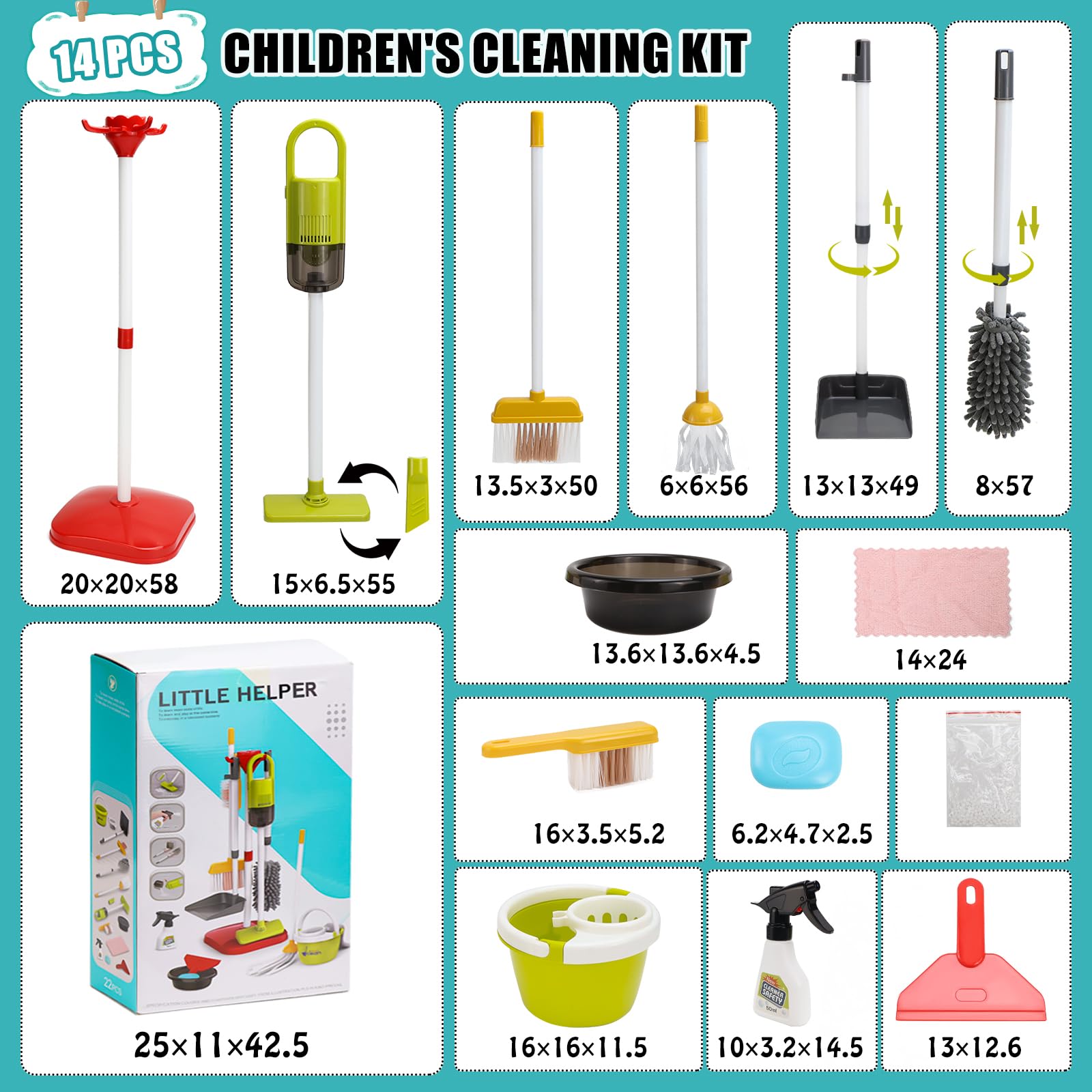 14 PCS Putzset für Kinder, Kinderstaubsauger, Kinderbesen Set Ab 2 Jahre, Putzset für Kinder Mit Saug und Soundfunktion (A-14)