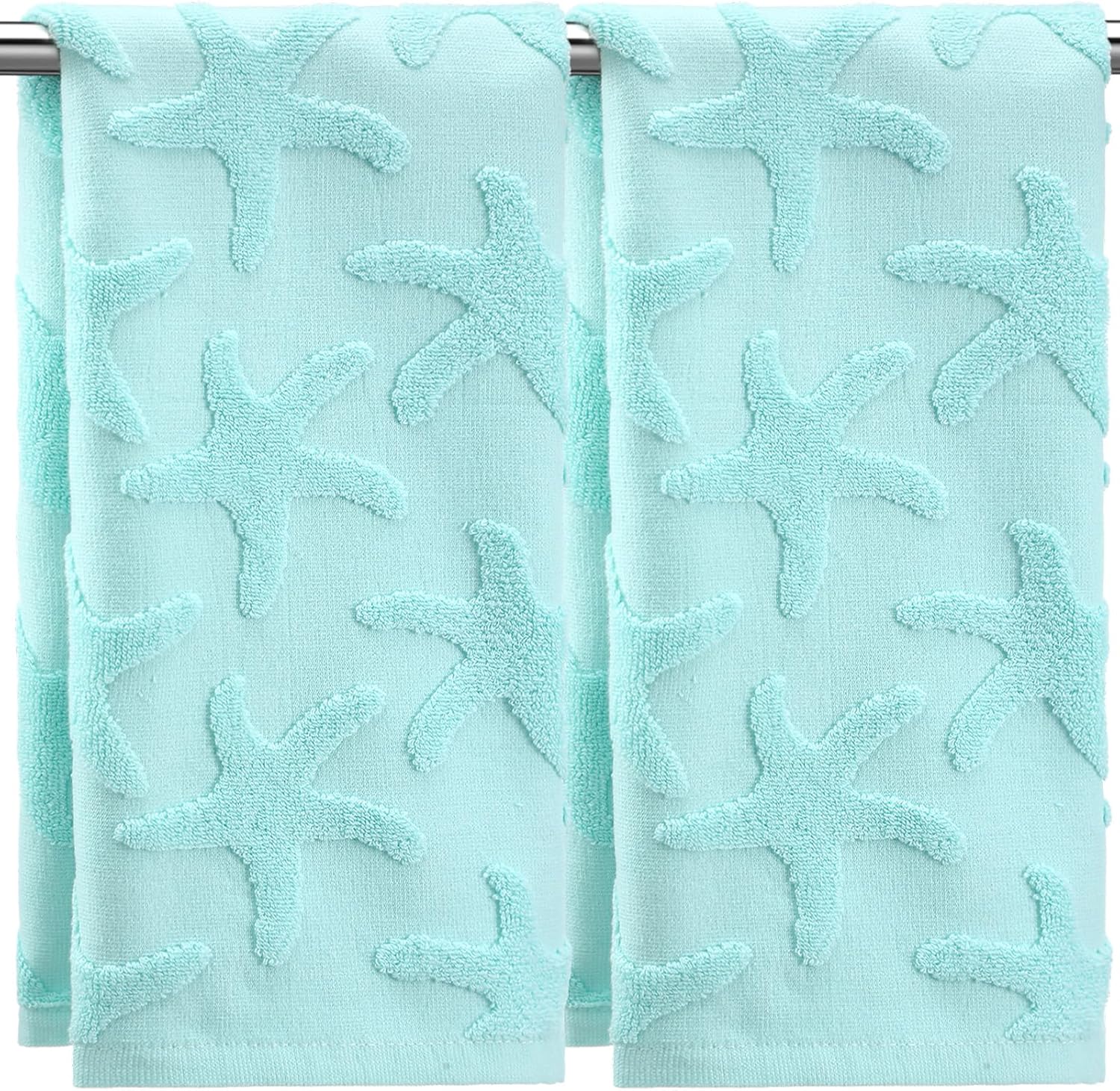 2 Pcs Starfish Hand Towels for Bathroom 100% Cotton Jacquard Weave Bath Towel Set Soft Absorbent Dish Washcloth for Bathroom Kitchen Sea Theme Gifts 13.8 x 29.5 Inch (Blue Green)
