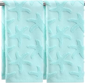 SmoothNovelty 2 Pcs Starfish Hand Towels for Bathroom 100% Cotton Jacquard Weave Bath Towel Set Soft Absorbent Dish Washcloth