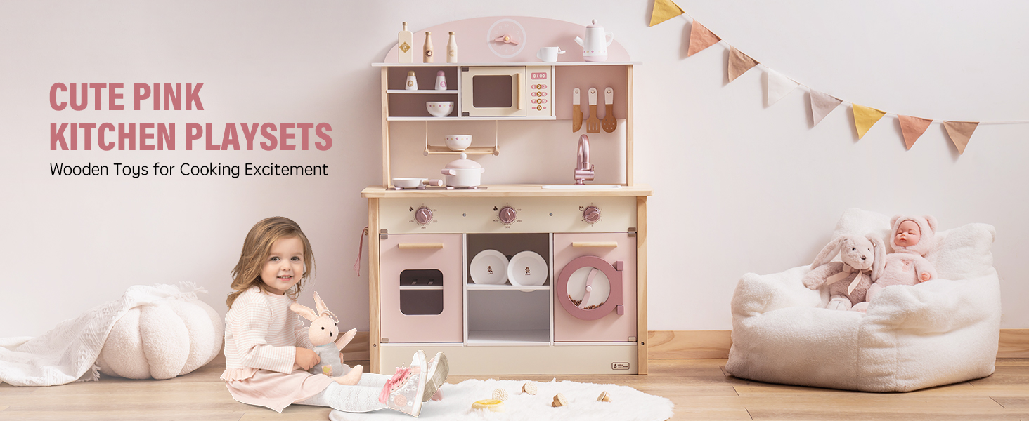 Cocina De Juguete De Madera ROBUD – Estilo Moderno En Rosa, Con Accesorios Realistas Y Sonidos, Regalo Ideal Para Niños De 3+ Años