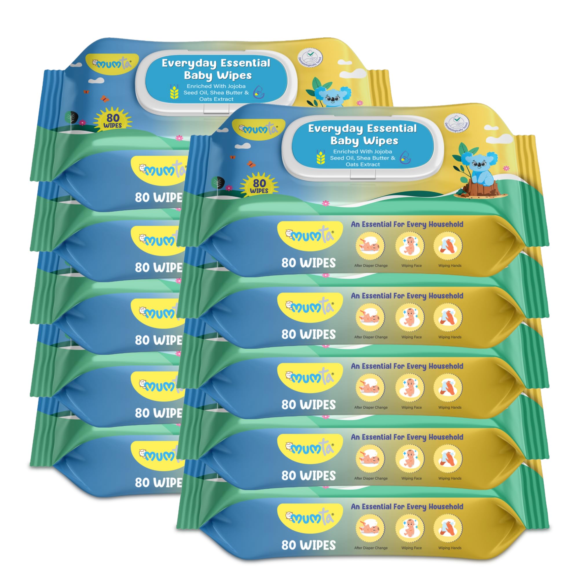 MUMta Cleansing Baby Wipes, Enriched with Aloe Vera, Jojoba seed oil, Shea Butter & Vitamin E - 80 Counts/Pack| Essential Wet Wipes with Lid, Alcohol and Paraben free wipes for Babies/Kids(Pack of 10)-image-49