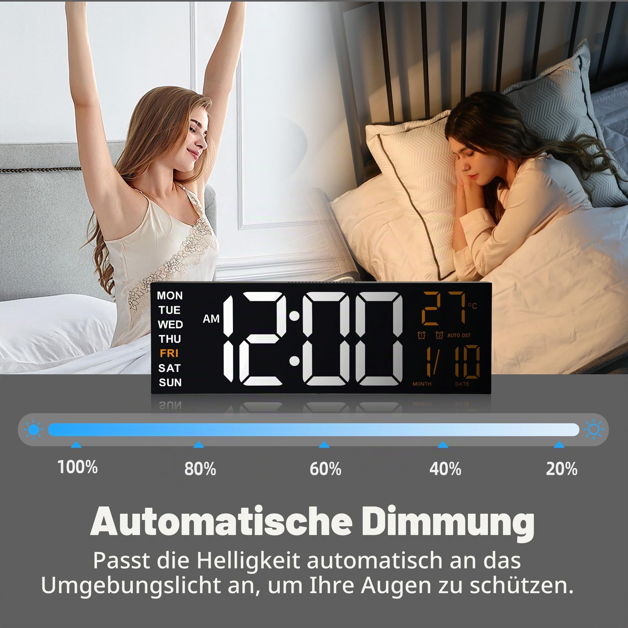 16,5" Große LED Digital Wanduhr mit Nachtlicht, Automatischer Dimmfunktion, 2 Weckern, 8 RGB-Farben, Temperaturanzeige, Fernbedienung, 12/24 Std., Timer für Wohnzimmer, Schlafzimmer, Büro