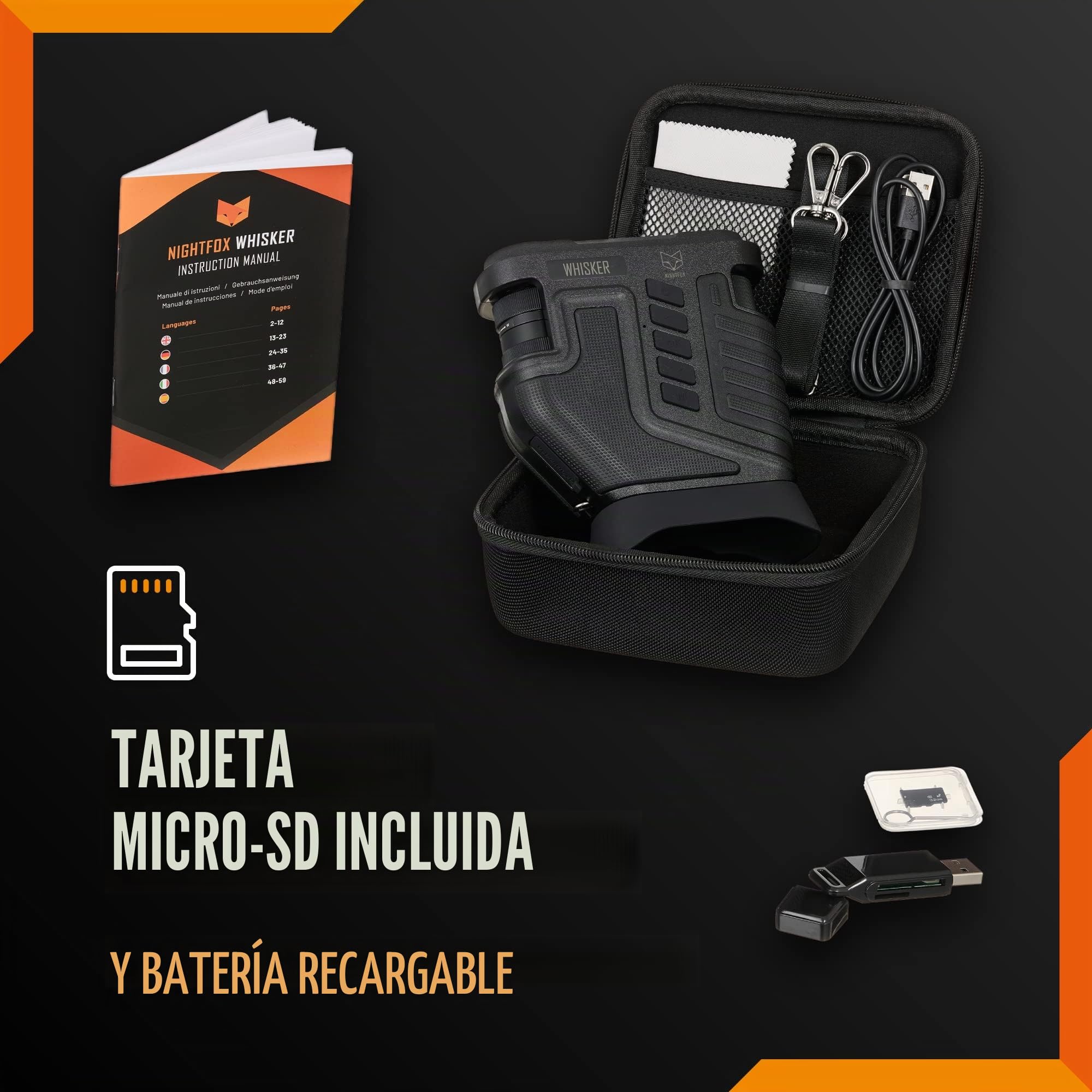 Prismaticos vision nocturna Nightfox Whisker | Zoom óptico ajustable 1-10x | Potente alcance de 900 pies | Graba videos, es recargable vía USB | 32GB de memoria, Catalejo de vision nocturna con cámara